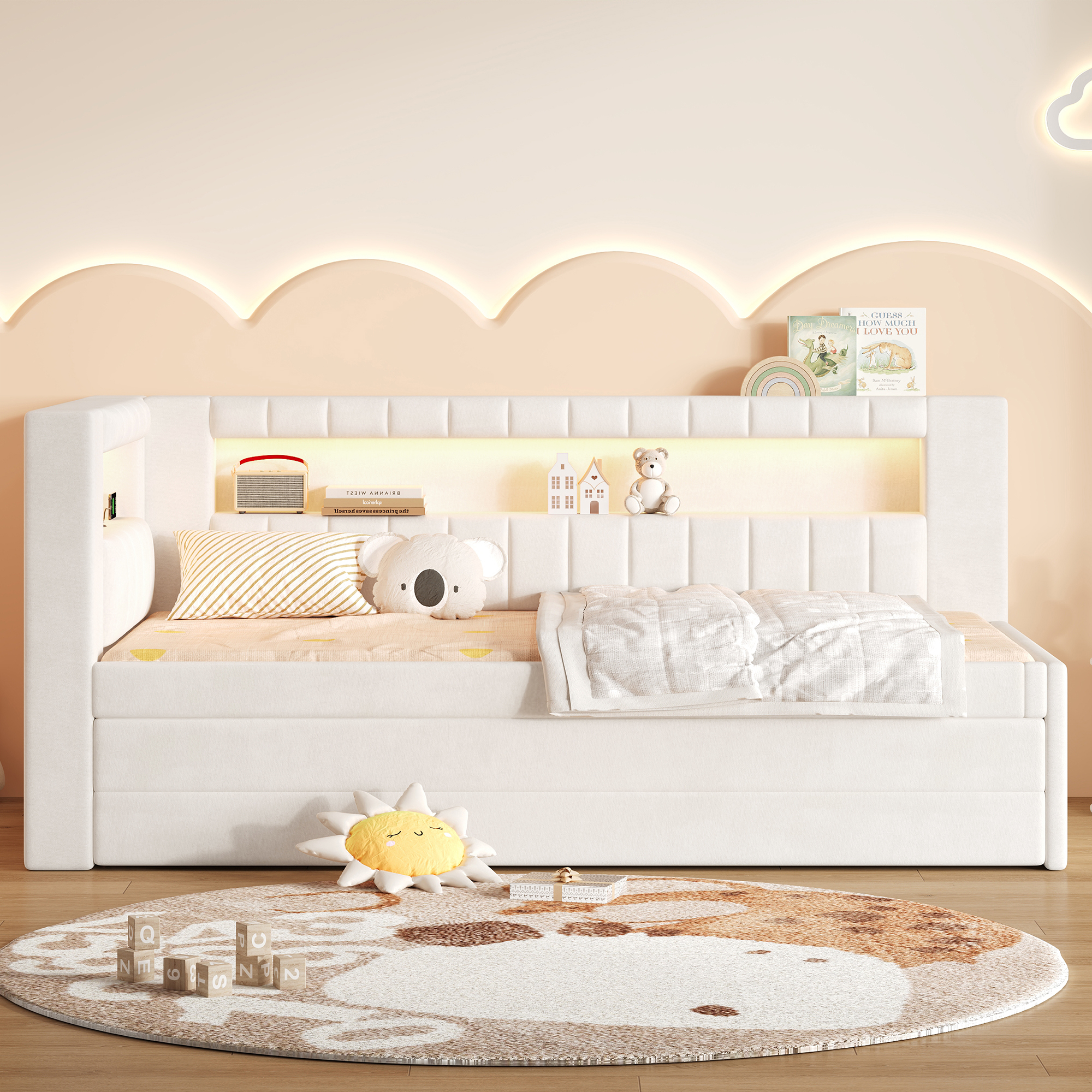 Dimensions et détails du lit banquette rembourré 90x200 cm avec lit gigogne