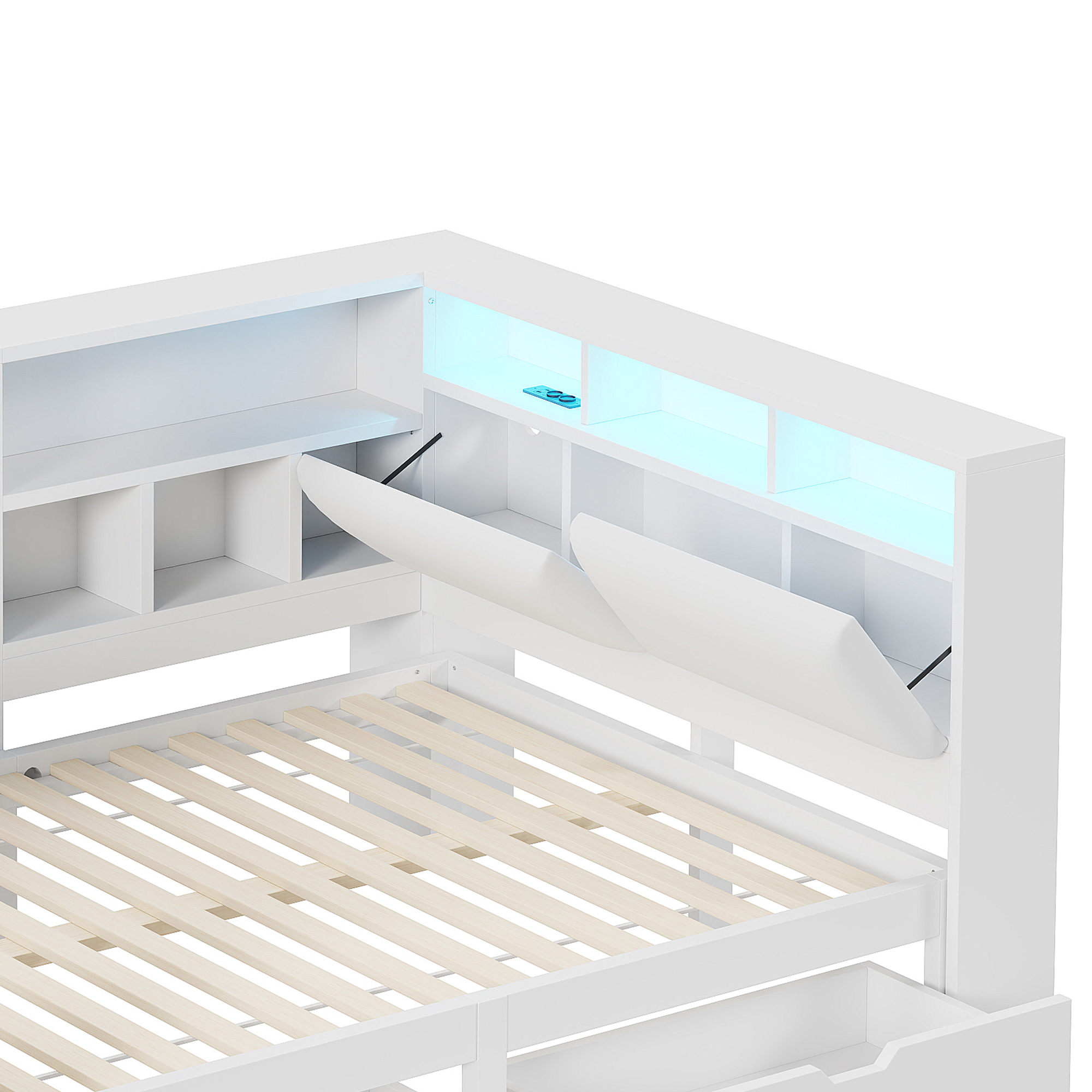 Lit / lit de chambre 140 x 200 cm avec éclairage LED, port USB / Type-C, rangements intégrés, bureau intégré, blanc - spécifications 1