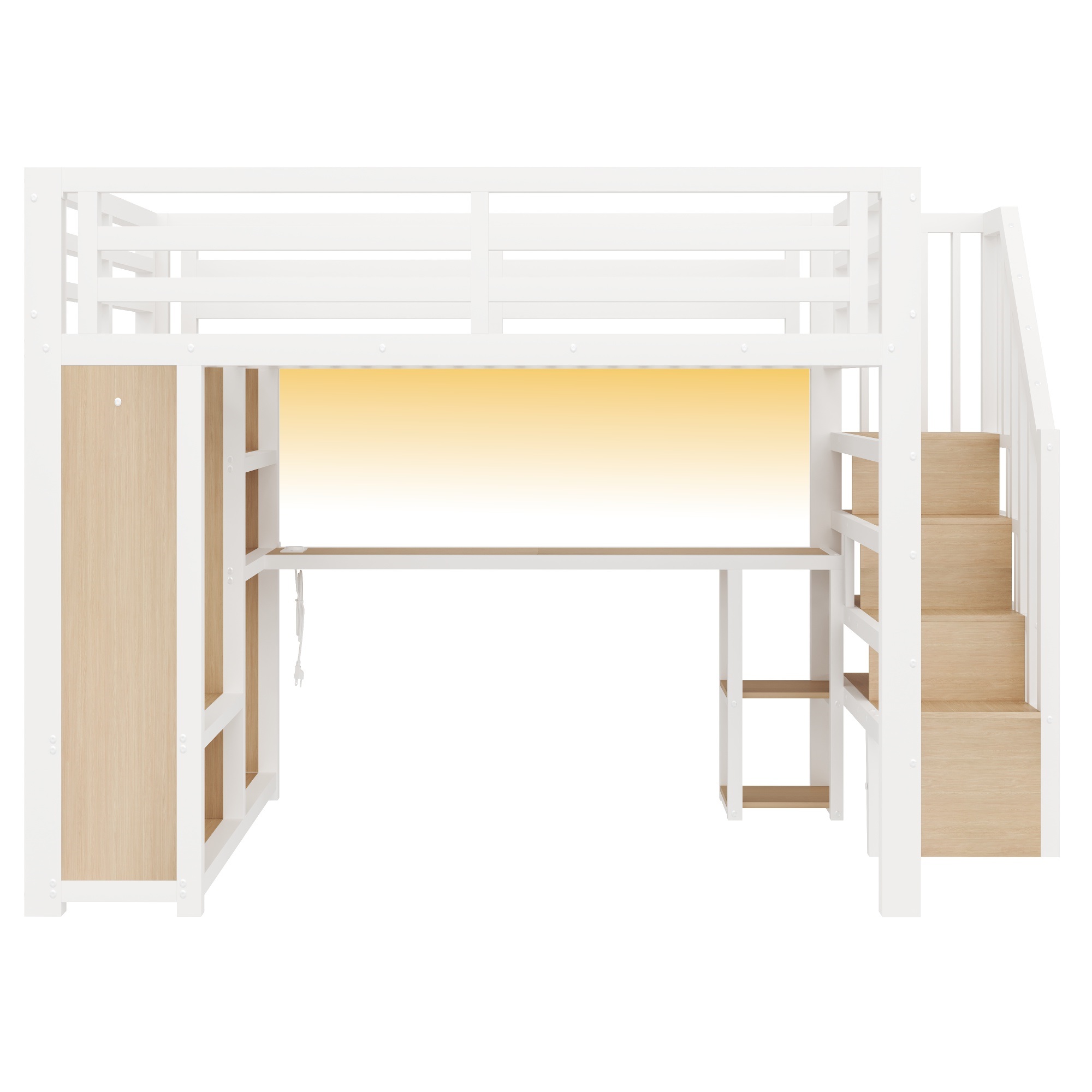 Lit mezzanine 160 x 200 cm avec éclairage LED, port USB / Type-C, rangements intégrés, bureau intégré, blanc - spécifications 1
