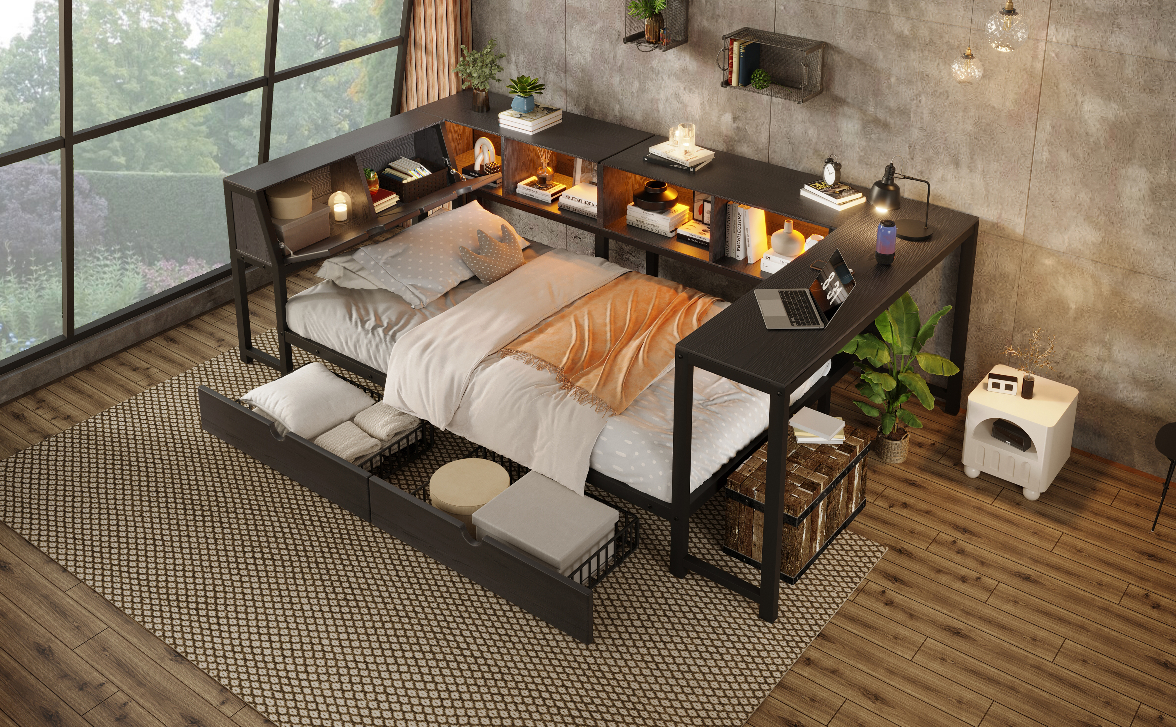 Lit multifonction 90x200 cm noir avec bureau et rangements