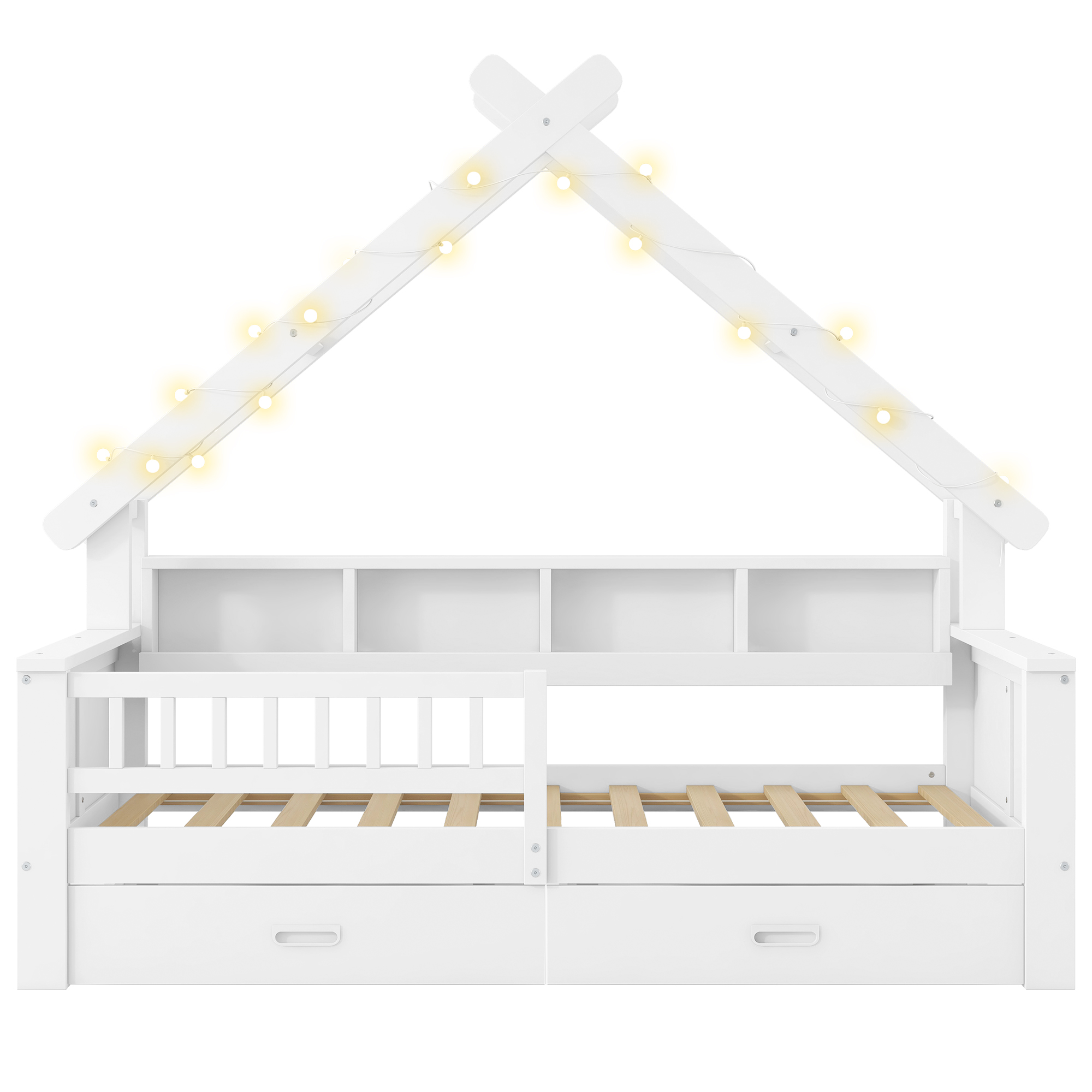 Lit cabane 90x200 cm,en bois,lit enfant,tiroirs de rangement,éclairage LED,port USB,blanc,lit avec rangement intégré