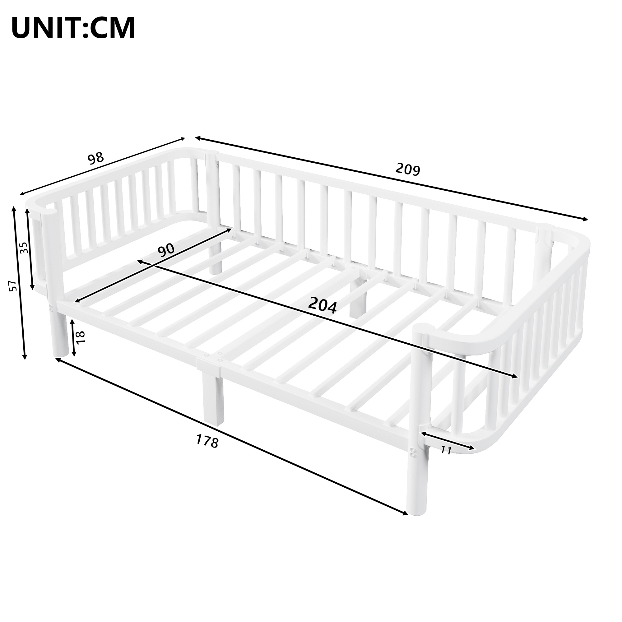 Détails de la structure métallique blanche du lit banquette 90 x 200 cm