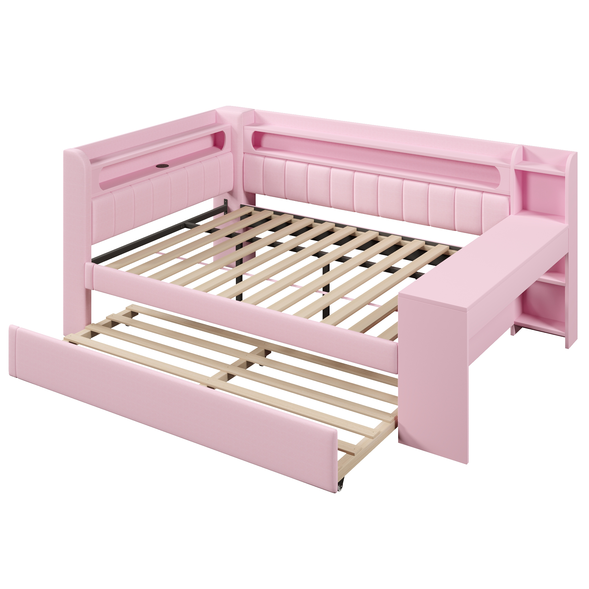 Lit banquette 140x200 cm,en bois,lit gigogne,rangement intégré,bureau intégré,éclairage LED,port USB,rose,lit 2 places