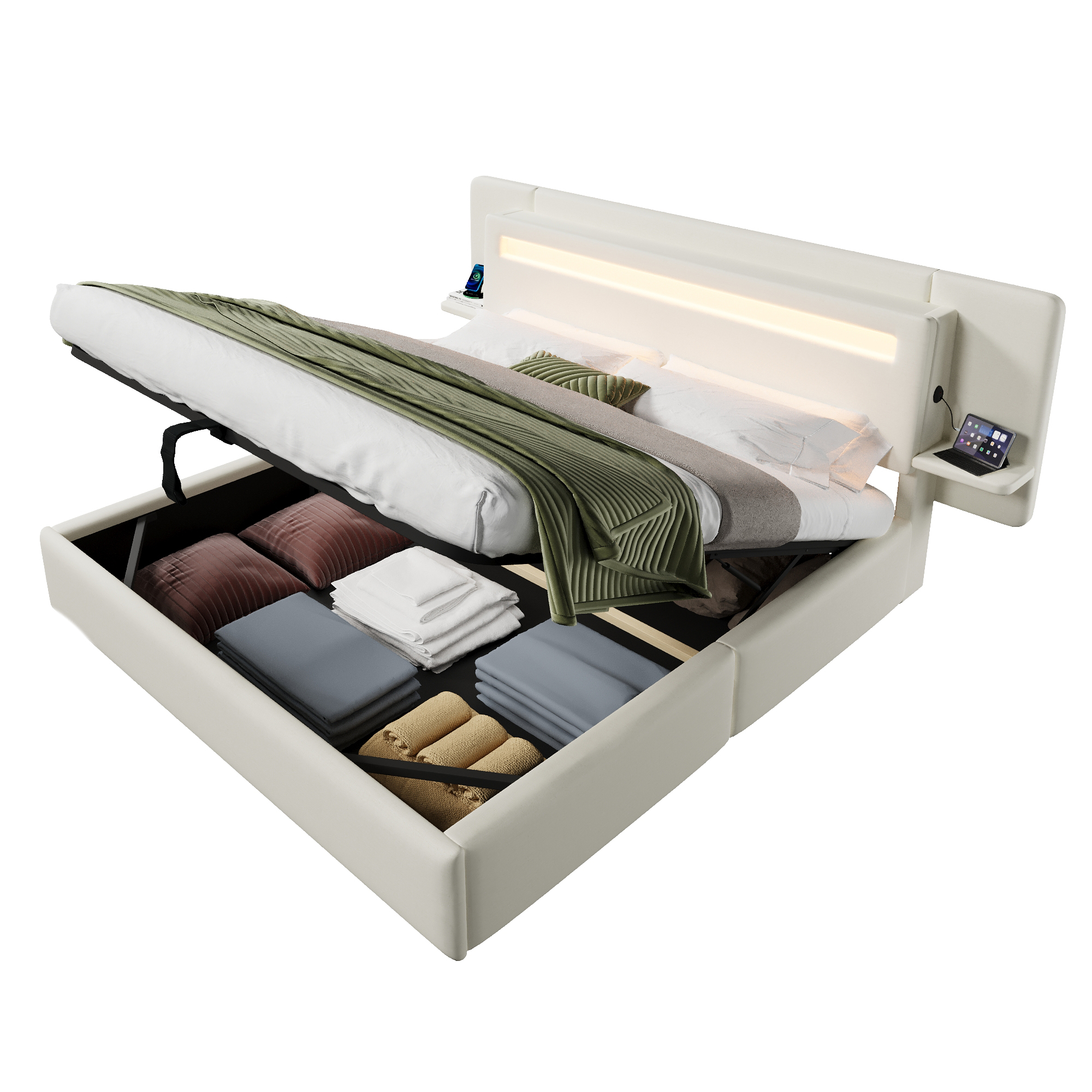 Lit banquette 180x200 cm,en lin,coffre de rangement hydraulique,éclairage LED,port USB,beige,lit 2 places,lit avec coffre de rangement