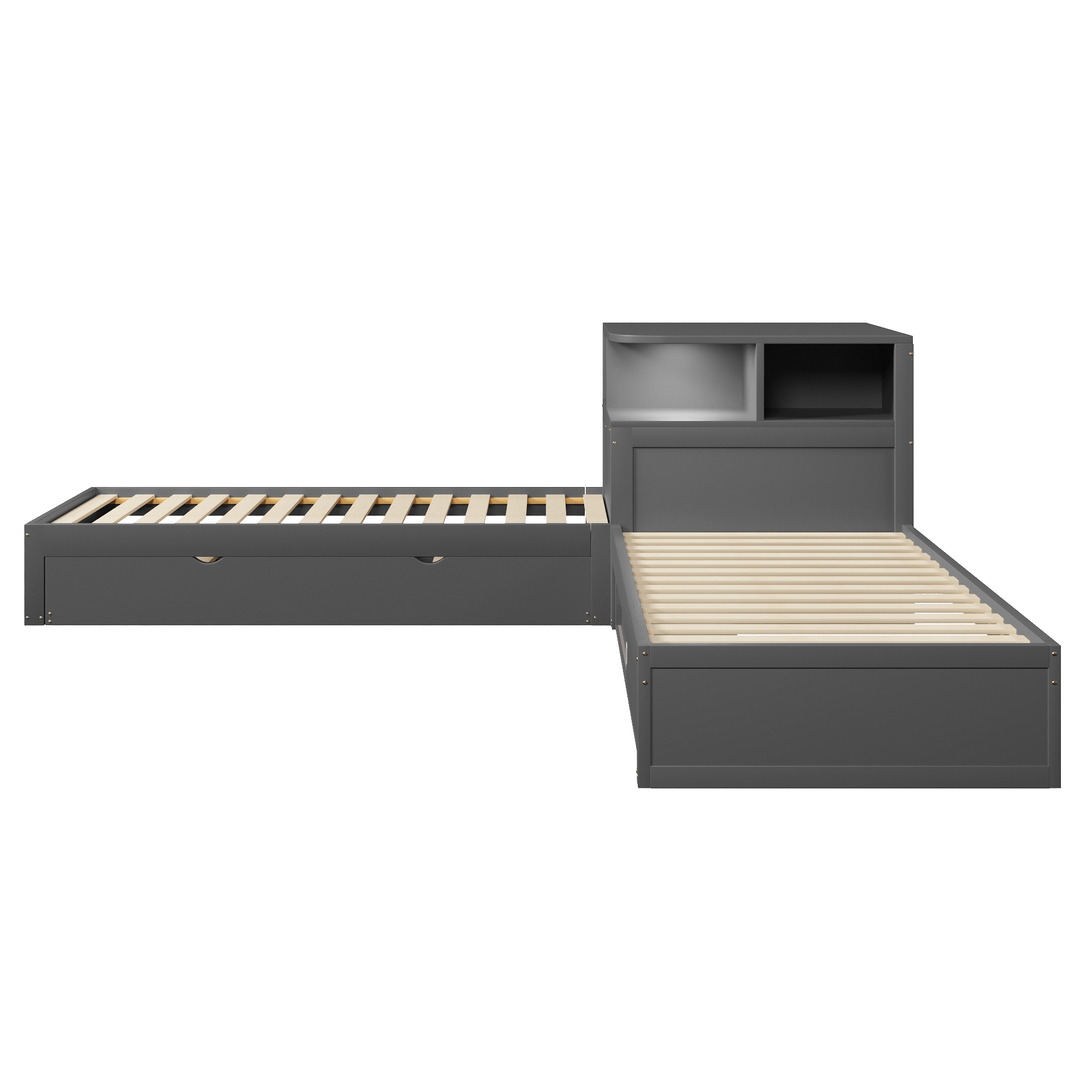 Lit plateforme 90x200 cm,en bois,lit enfant,lit gigogne,rangement à portes coulissantes,éclairage LED,gris