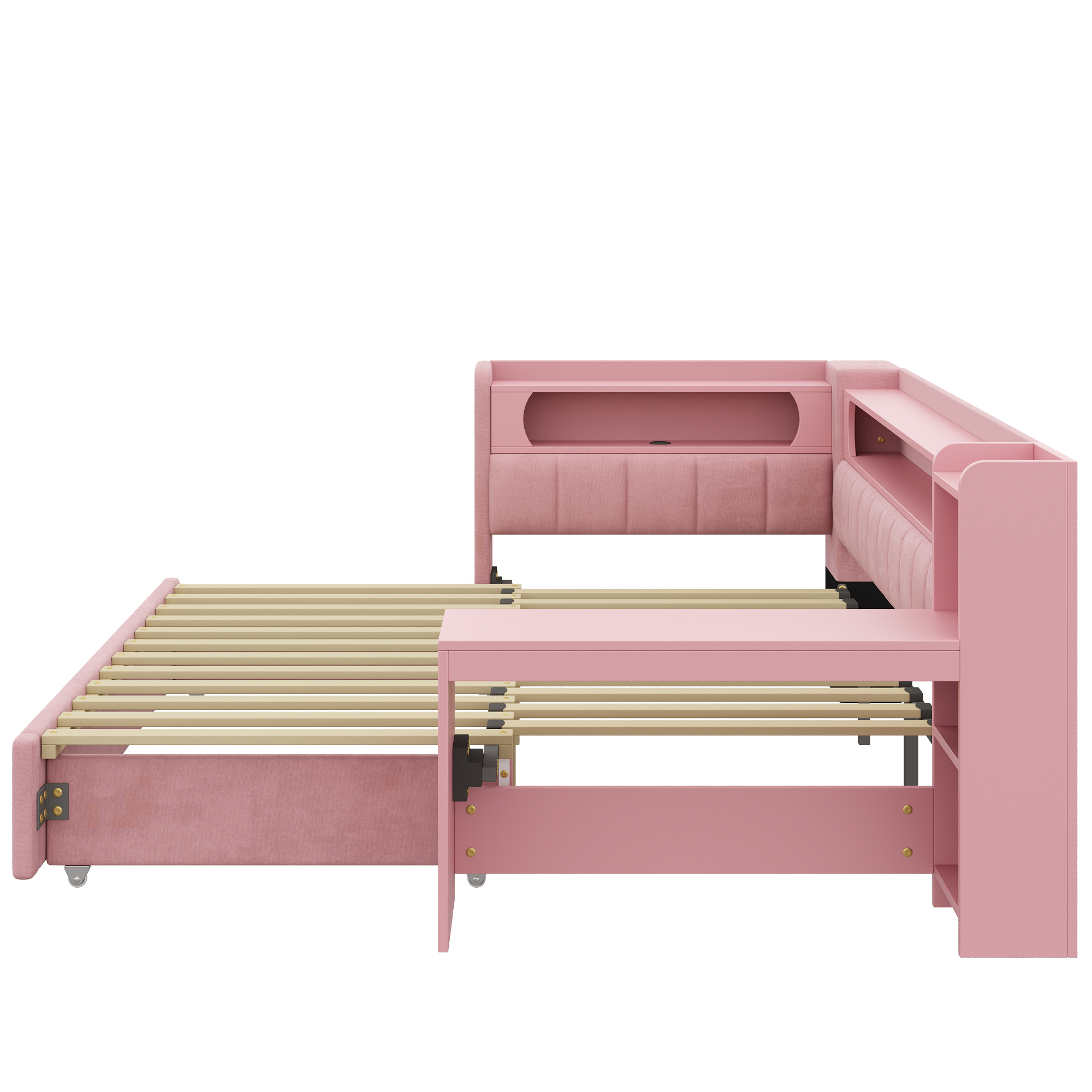 Lit banquette 90x200 cm extensible à 180x200 cm,en bois,lit enfant,lit gigogne,rangement intégré,bureau intégré,éclairage LED,port USB,rose