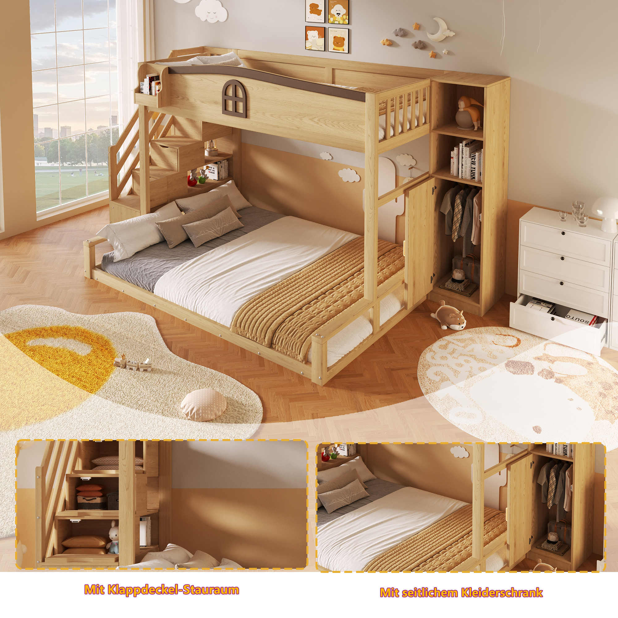 Lit superposé armoire, rangements, en bois, wood, pour chambre enfant, sans matelas