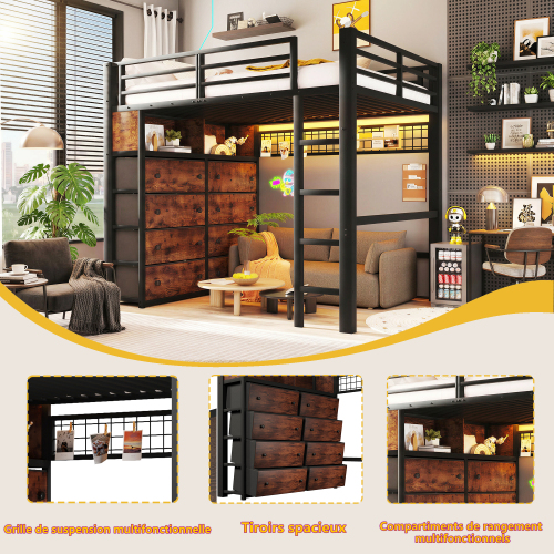 Rangements sous lit mezzanine avec tiroirs étagères et panneau perforé