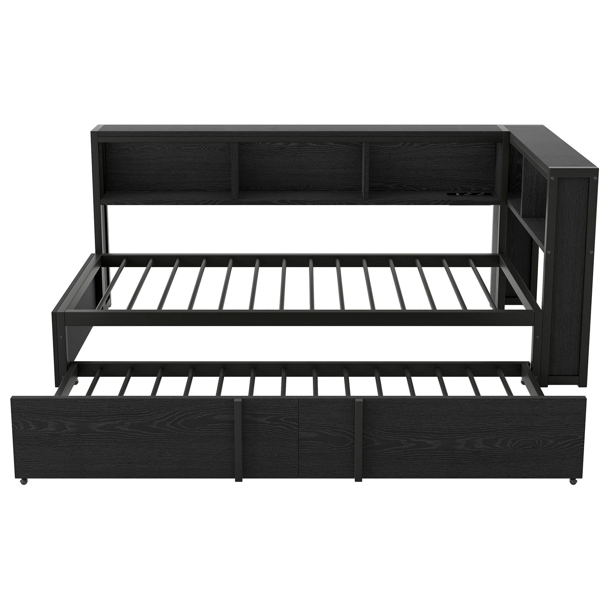 Lit banquette 90x200 cm,en métal,lit gigogne,rangement intégré,éclairage LED,port USB,noir,lit 1 place