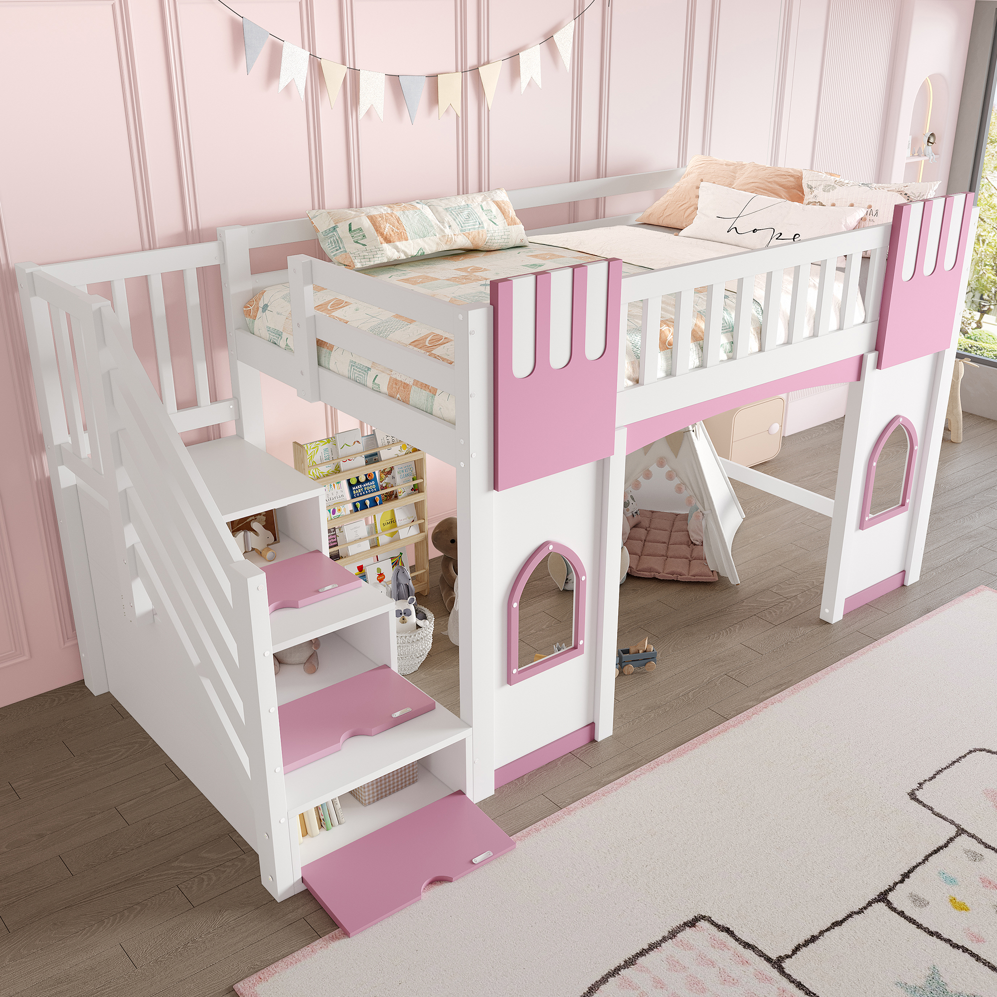 Lit mezzanine 90 x 200 cm, escalier de rangement, toboggan, design cabane, garde-corps, bois de pin, blanc et rose, 253 x 95 x 127,5 cm 🏠 - vue principale 1