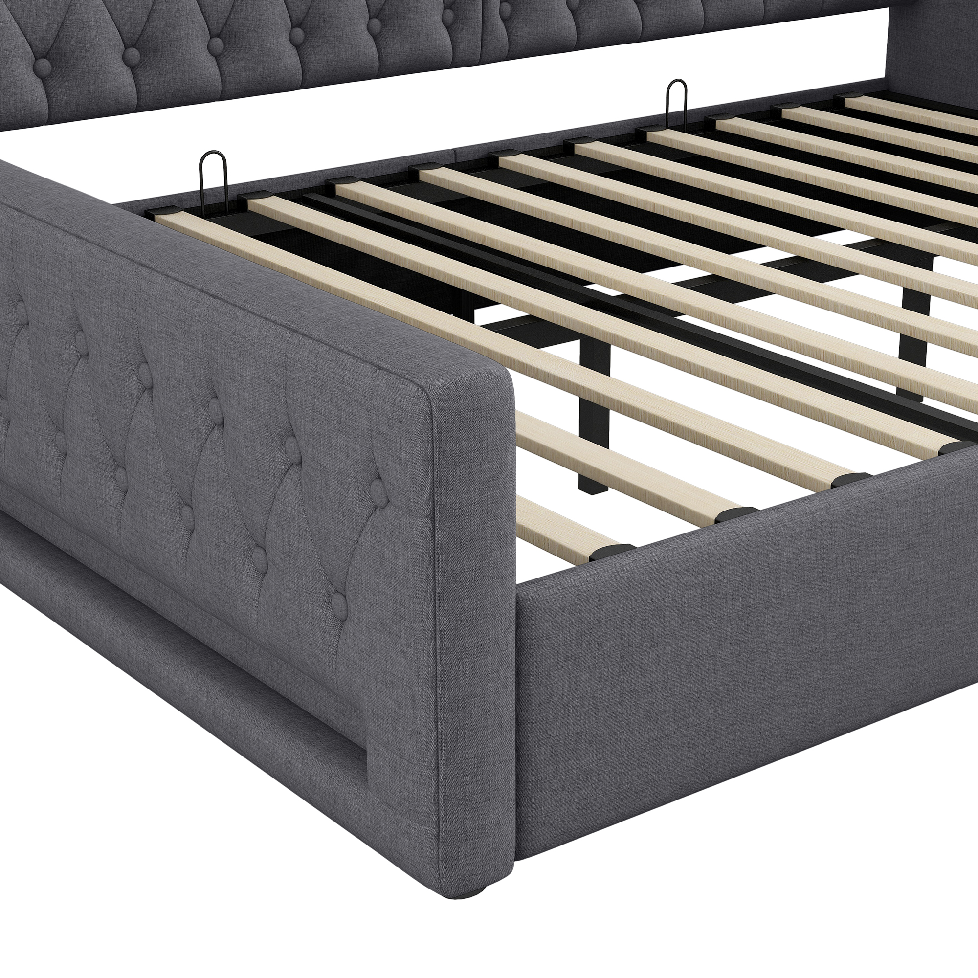 Lit banquette convertible 140x200 cm,en bois,couchage gigogne,rangement intégré,éclairage LED,gris,lit 2 places,lit avec rangement intégré