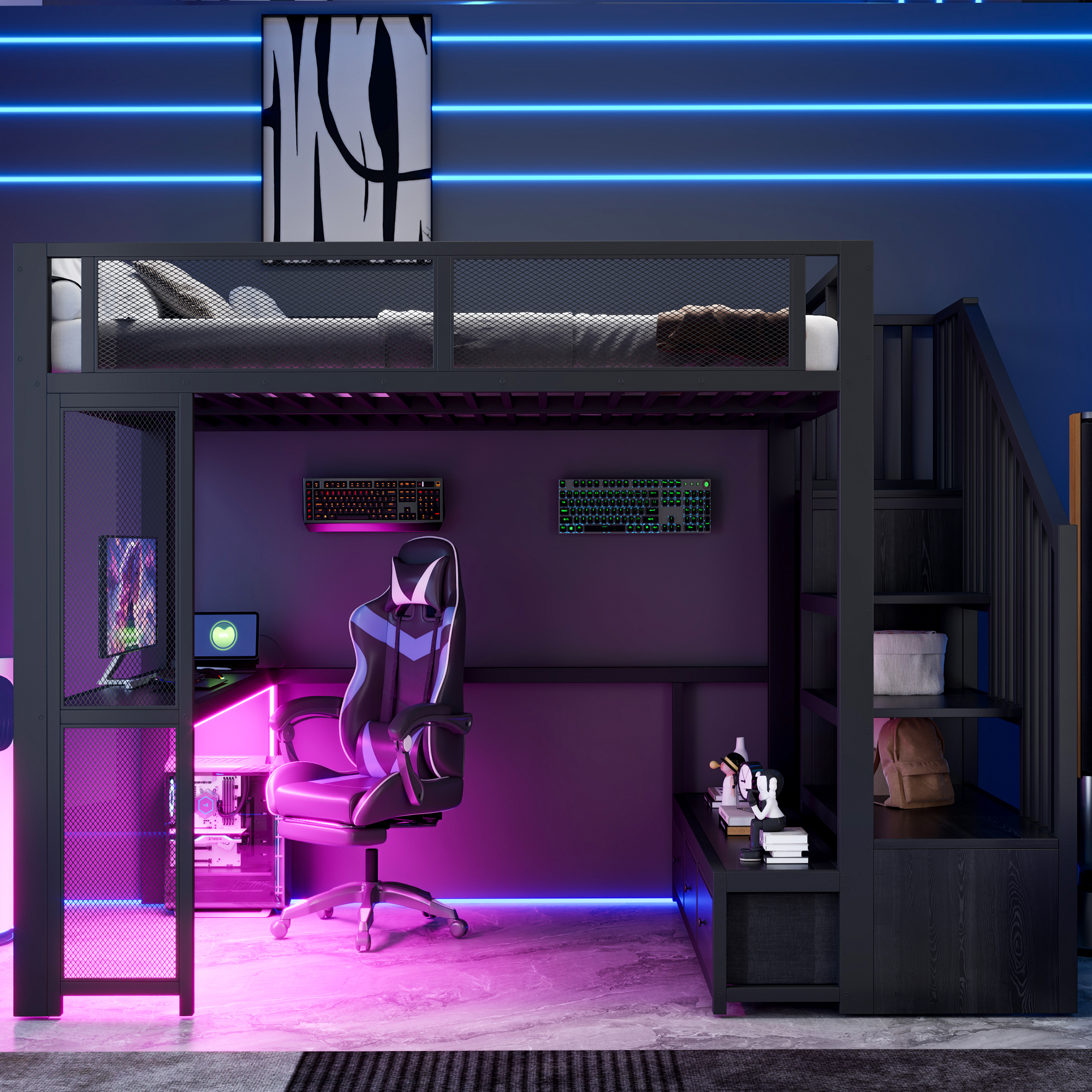 Lit mezzanine enfant métal avec bureau et LED