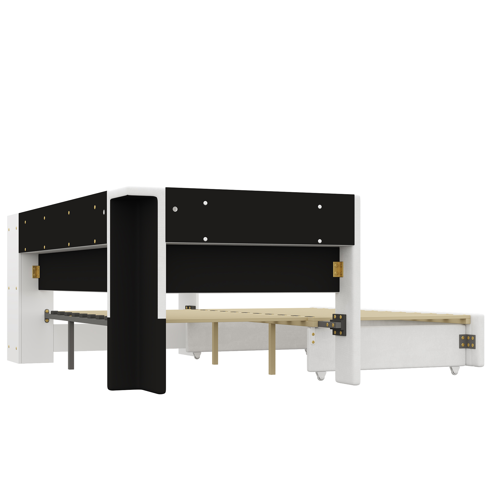 Lit banquette 90x200 cm extensible à 180x200 cm,en bois,lit enfant,lit gigogne,rangement intégré,bureau intégré,éclairage LED,port USB,blanc