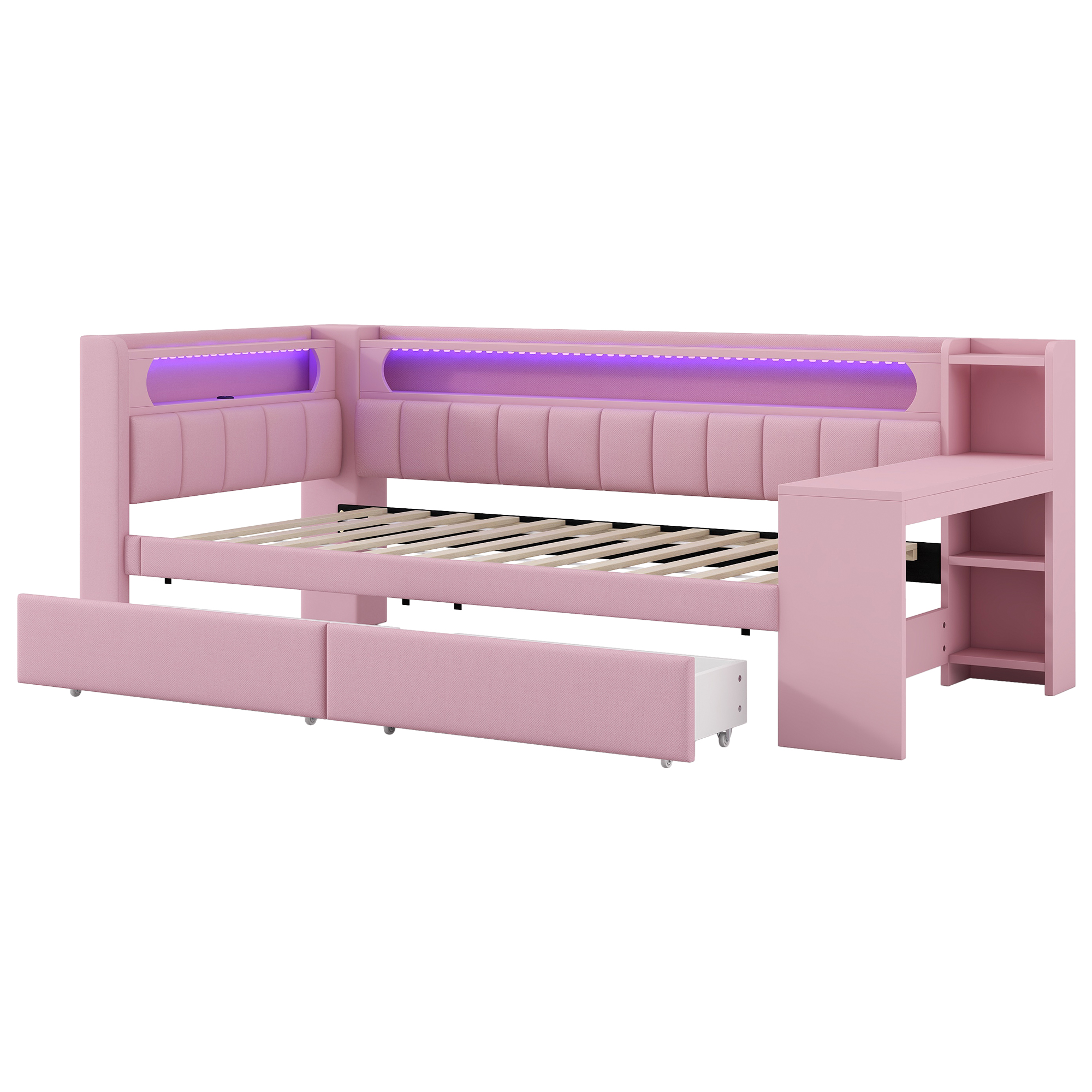 Lit banquette 90x200 cm,en bois,tiroirs de rangement,bureau intégré,éclairage LED,port USB,rose,lit 1 place,lit avec rangement intégré