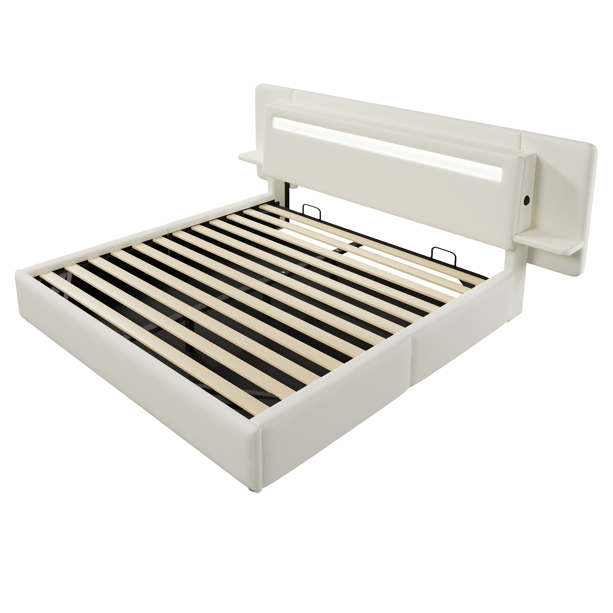 Lit banquette 180x200 cm,en lin,coffre de rangement hydraulique,éclairage LED,port USB,beige,lit 2 places,lit avec coffre de rangement