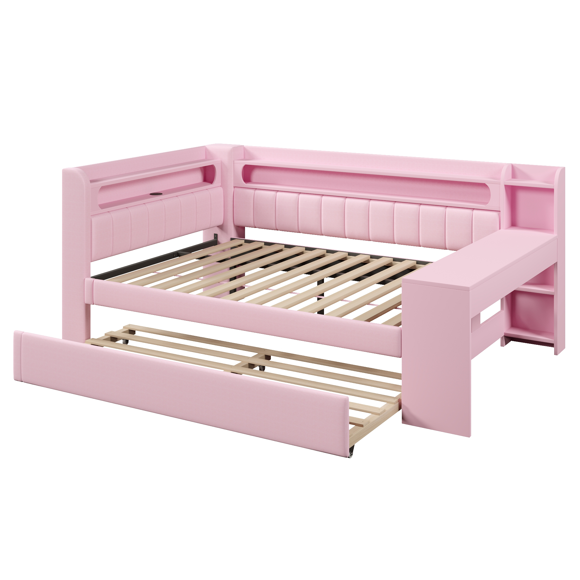 Lit banquette 140x200 cm,en bois,lit gigogne,rangement intégré,bureau intégré,éclairage LED,port USB,rose,lit 2 places