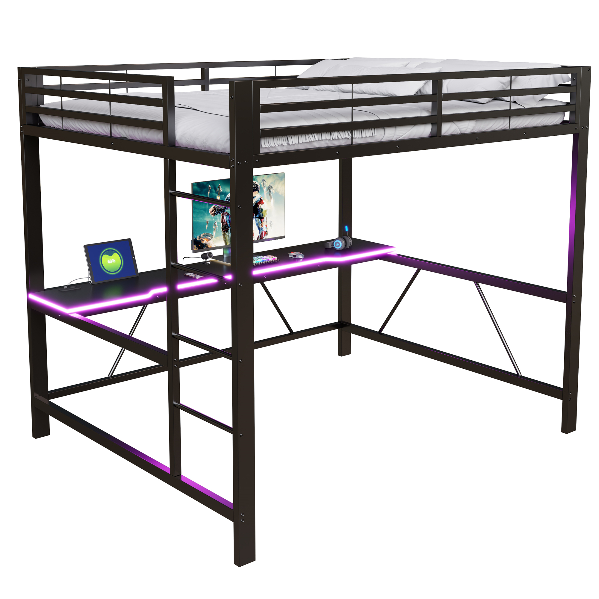 Lit mezzanine 160x200 cm,en métal,lit enfant,rangement intégré,bureau intégré,éclairage LED,port USB,noir,lit mezzanine avec bureau