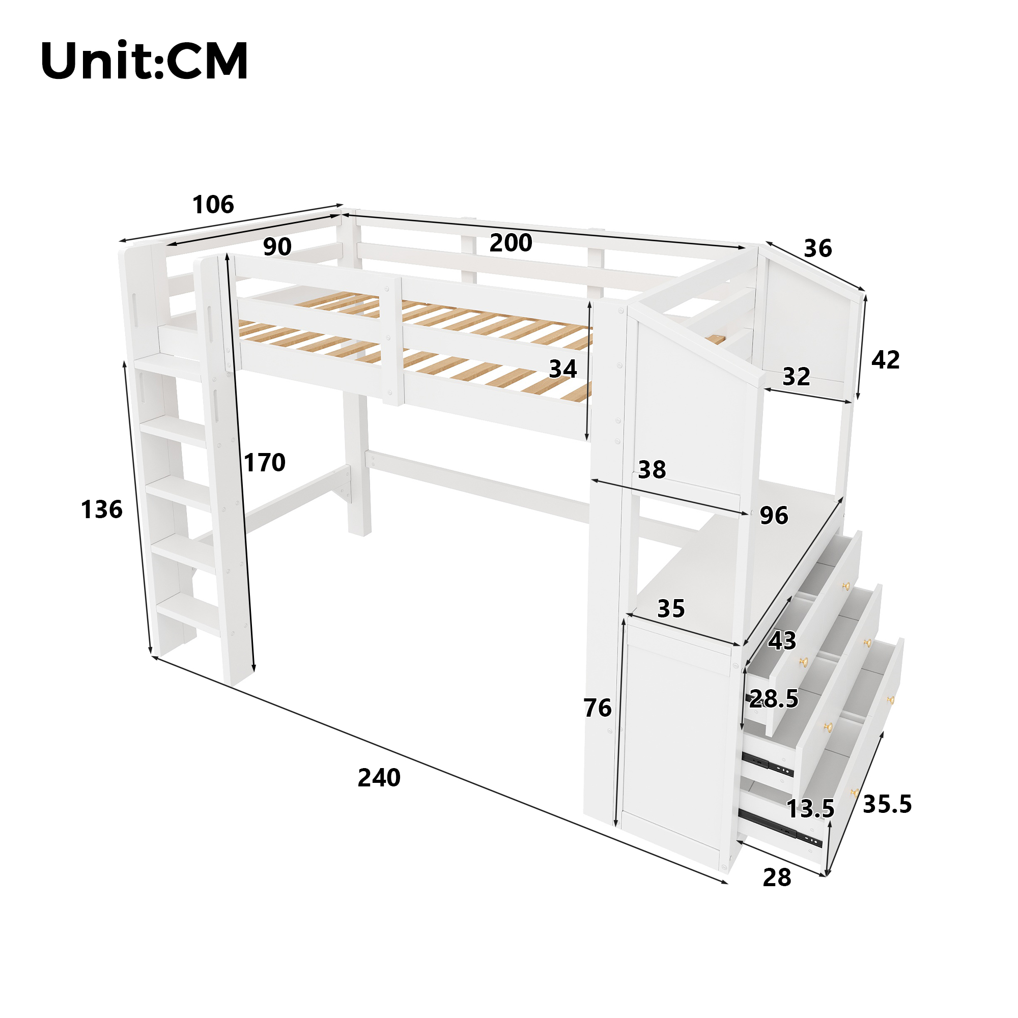 Lit mezzanine 90 x 200 cm, 3 tiroirs, éclairage LED sous le couchage, garde-corps, bois de pin, blanc, 240 x 106 x 170 cm - vue complémentaire 1