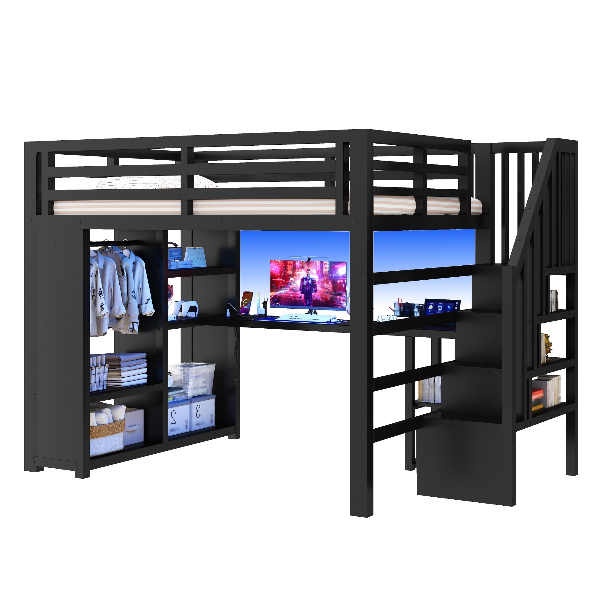 Lit mezzanine 140 x 200 cm avec éclairage LED, port USB / Type-C, rangements intégrés, bureau intégré, noir - points forts 1