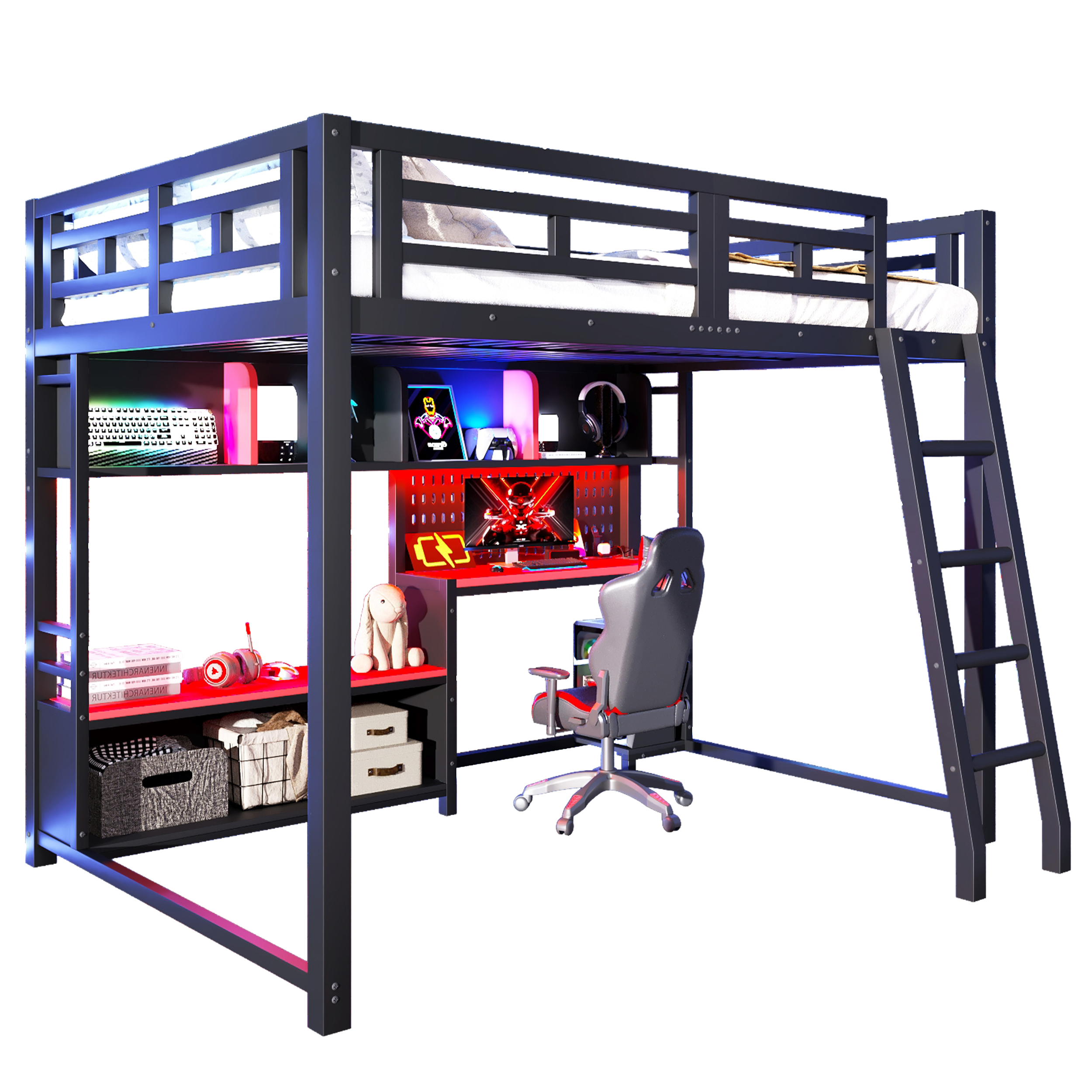 Lit Superposé Gaming 140×200 cm – LED RGB, Bureau & Rangements – Structure métallique stable et sécurisée