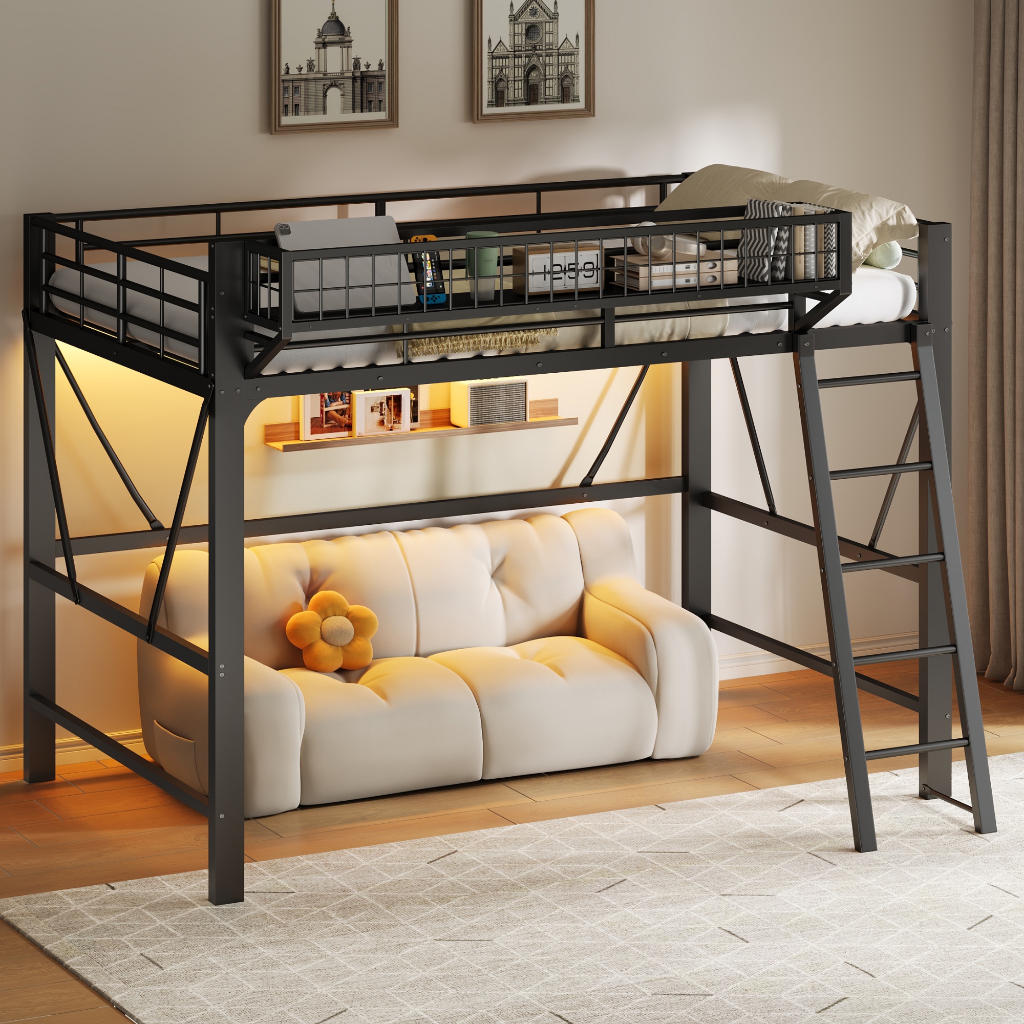 Lit mezzanine 140x200 cm en métal noir avec LED et panier de rangement