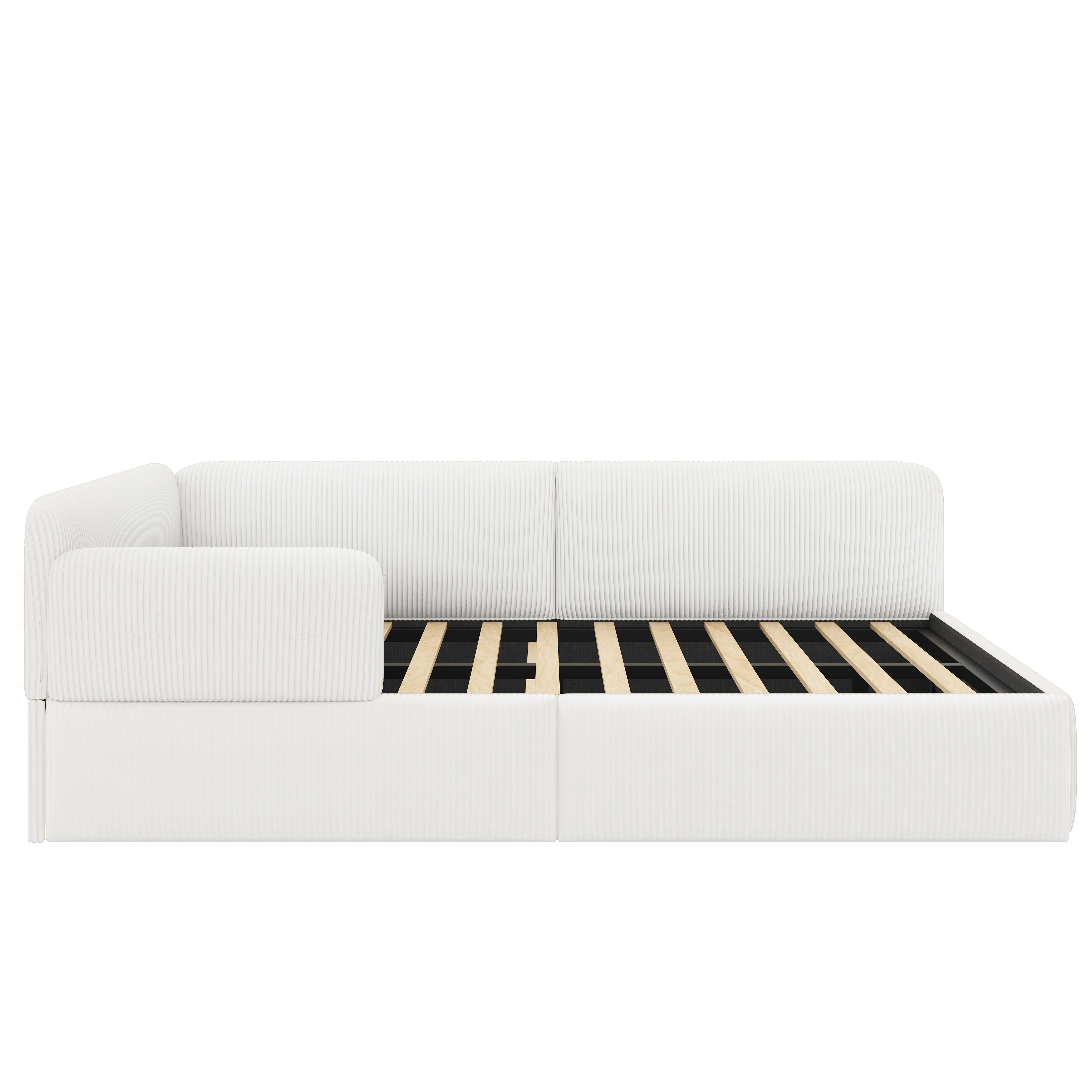 Lit banquette 140cm x 200cm rangements, en corduroy et upholstered, blanc, sommier à lattes inclus, sans matelas