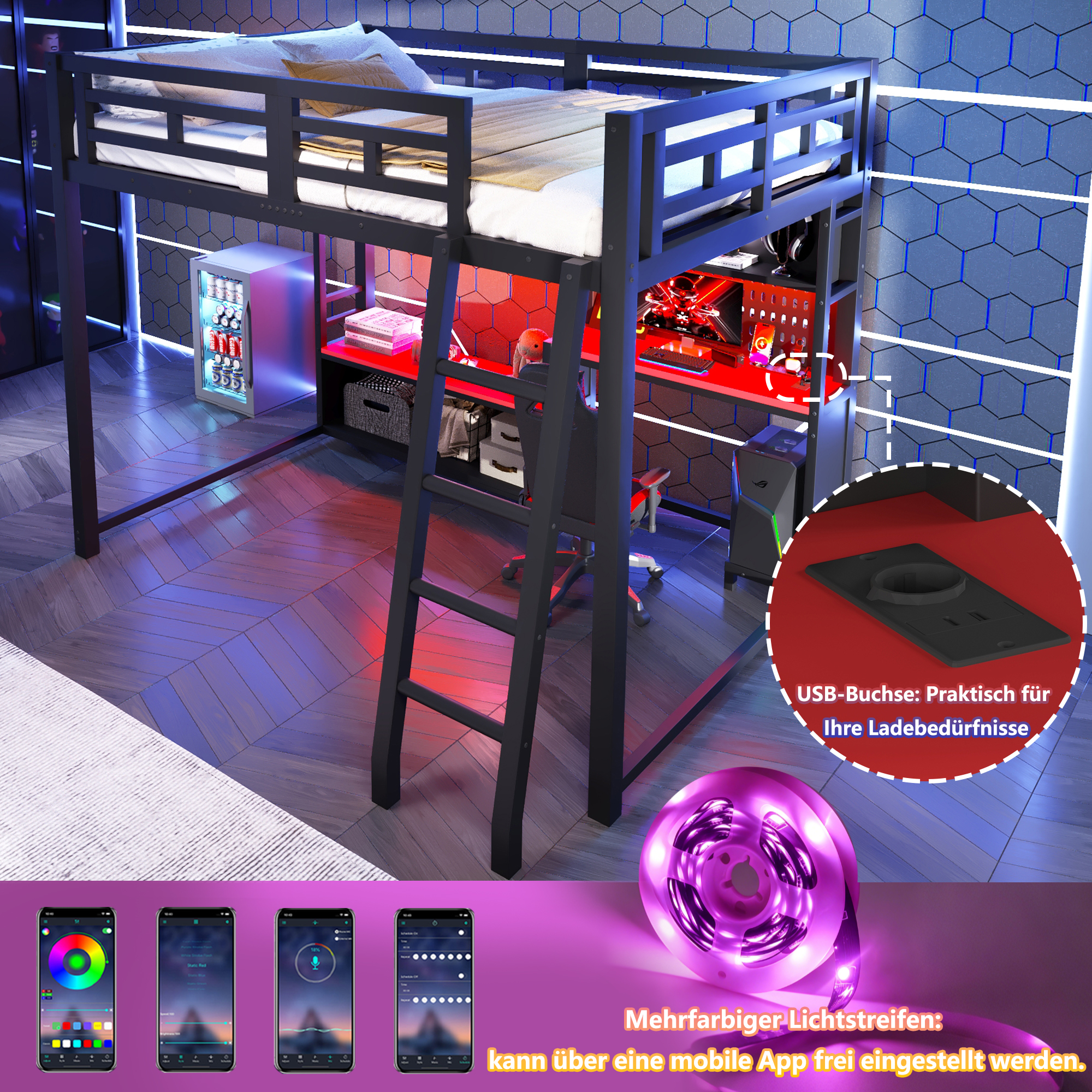 Lit Superposé Gaming 140×200 cm – LED RGB, Bureau & Rangements – Dimensions et caractéristiques du couchage