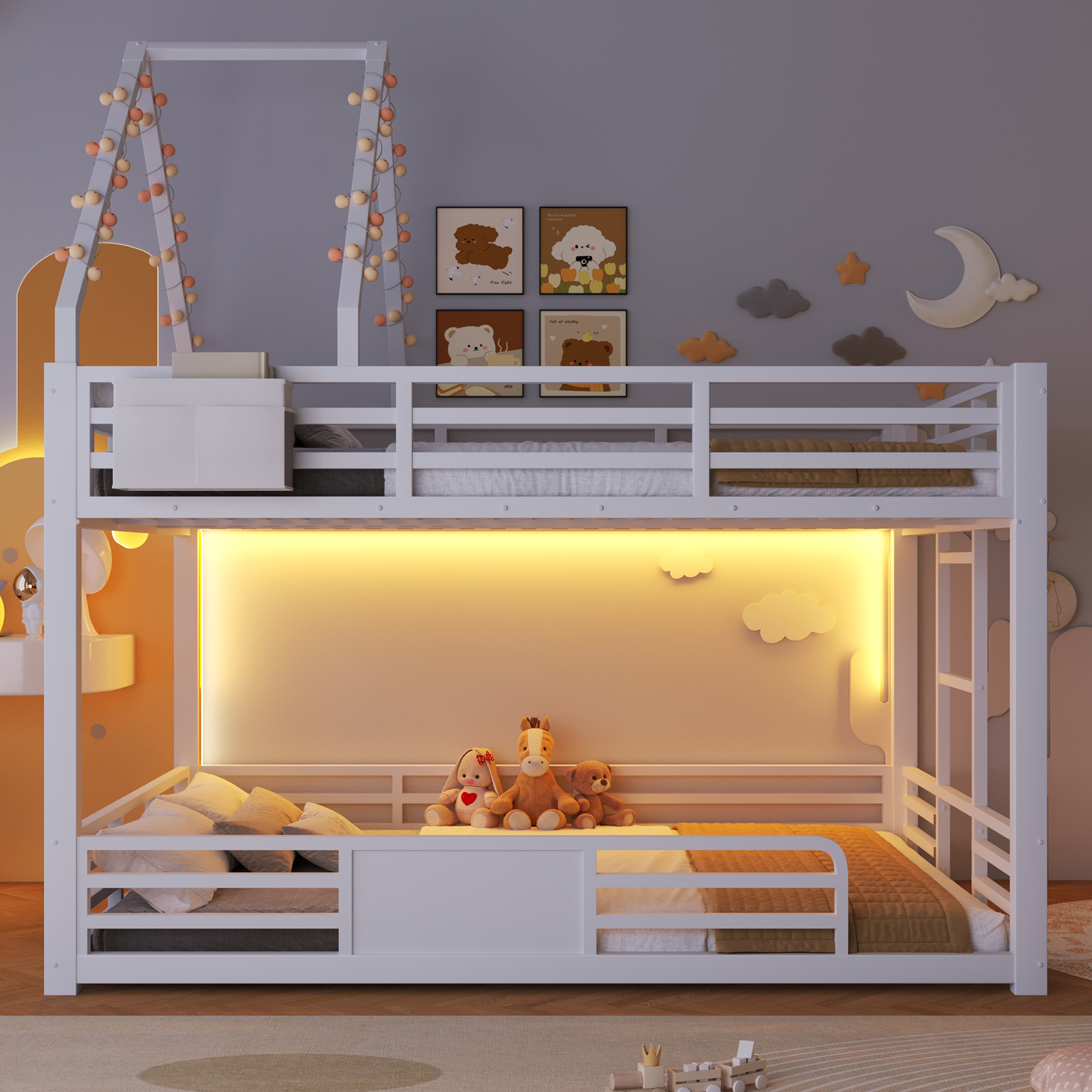 Lit cabane mezzanine enfant 140x200 cm avec LED et structure métal blanc