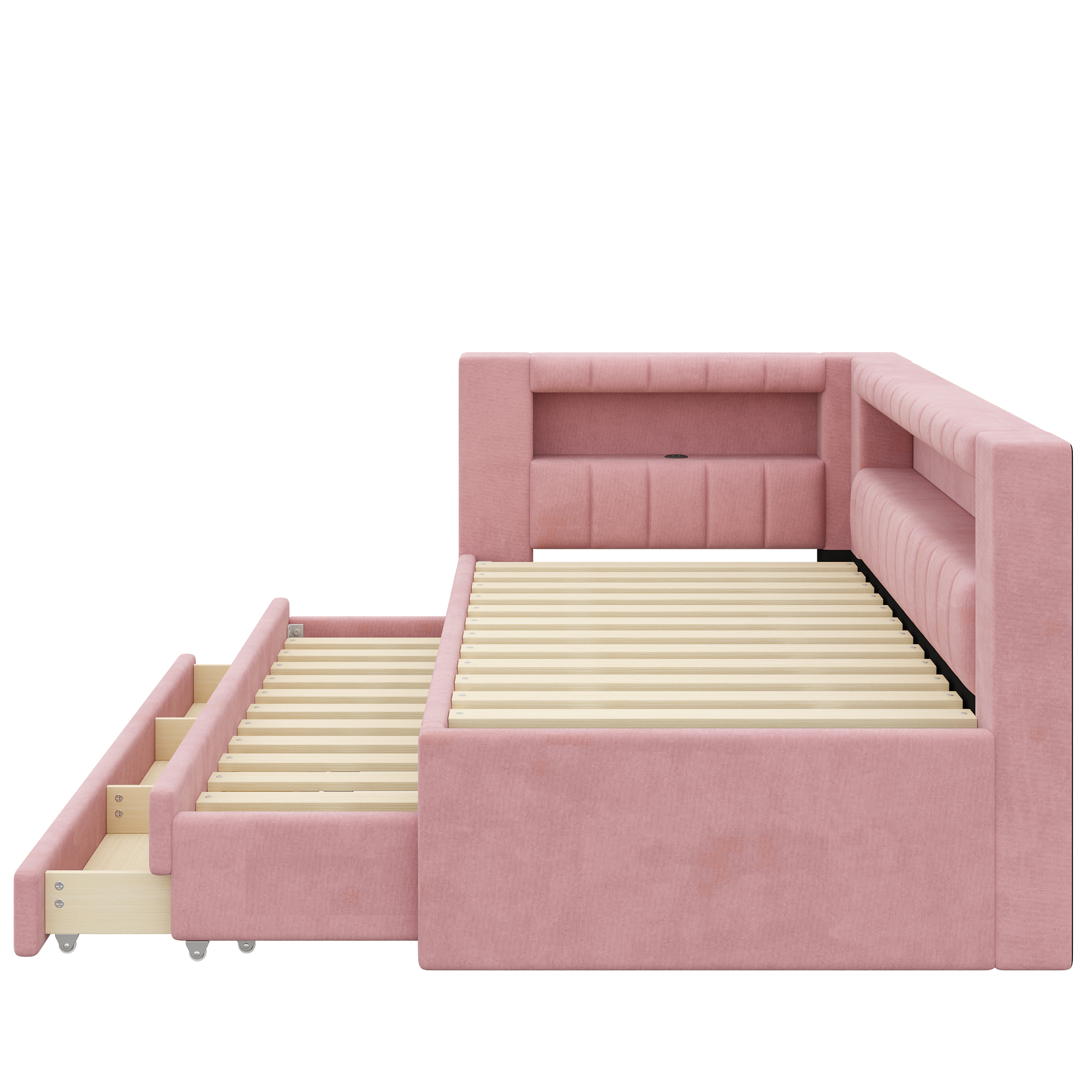 Lit banquette 90x200 cm,en bois,lit gigogne,éclairage LED,port USB,rose,lit 1 place
