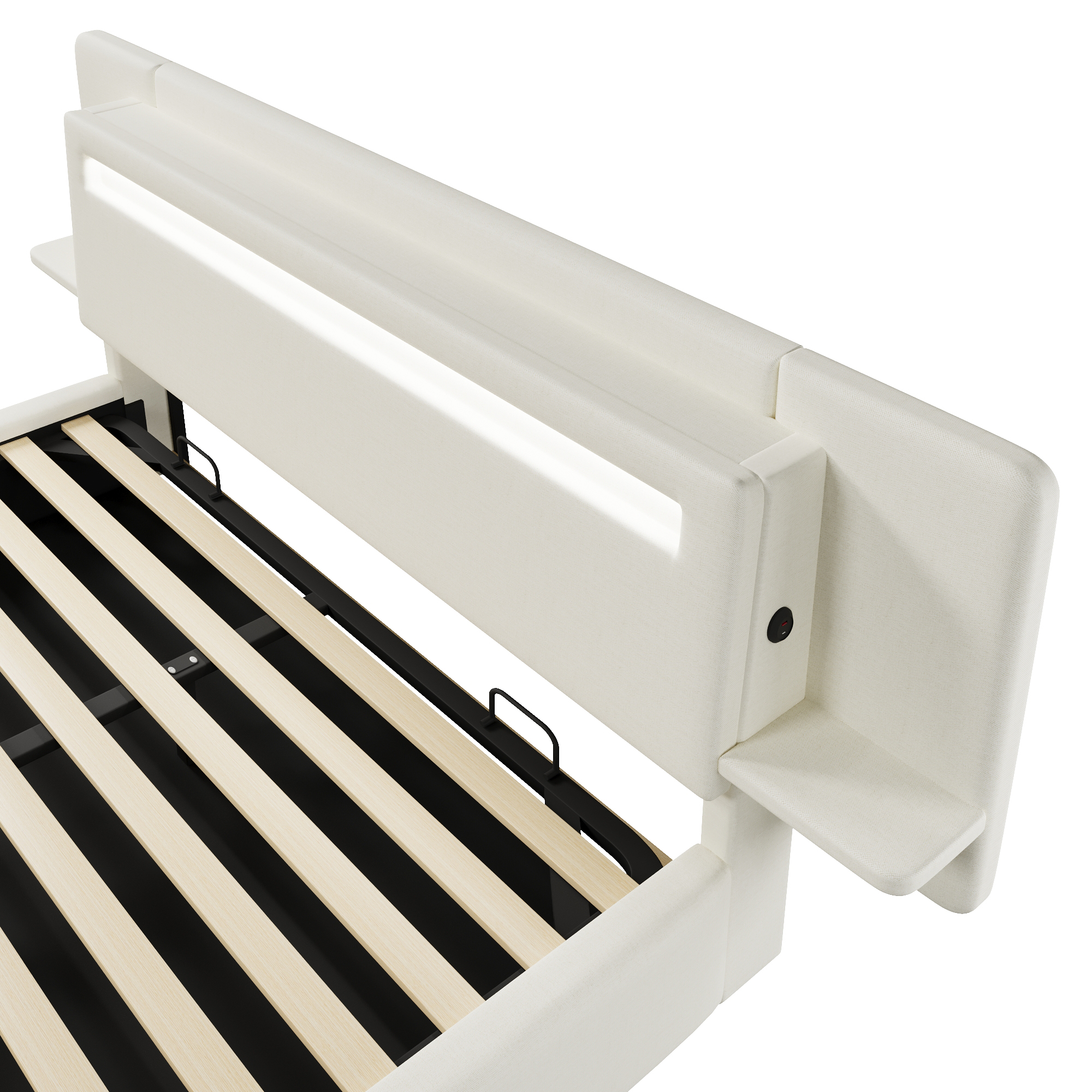 Lit banquette 180x200 cm,en lin,coffre de rangement hydraulique,éclairage LED,port USB,beige,lit 2 places,lit avec coffre de rangement