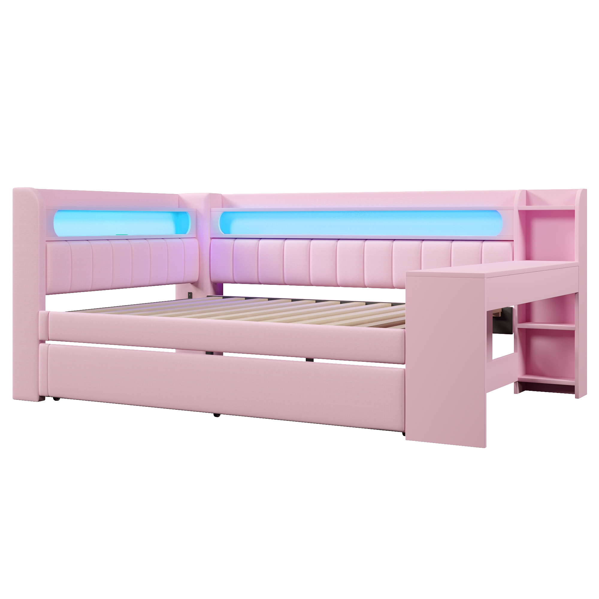 Lit banquette 140x200 cm,en bois,lit gigogne,rangement intégré,bureau intégré,éclairage LED,port USB,rose,lit 2 places