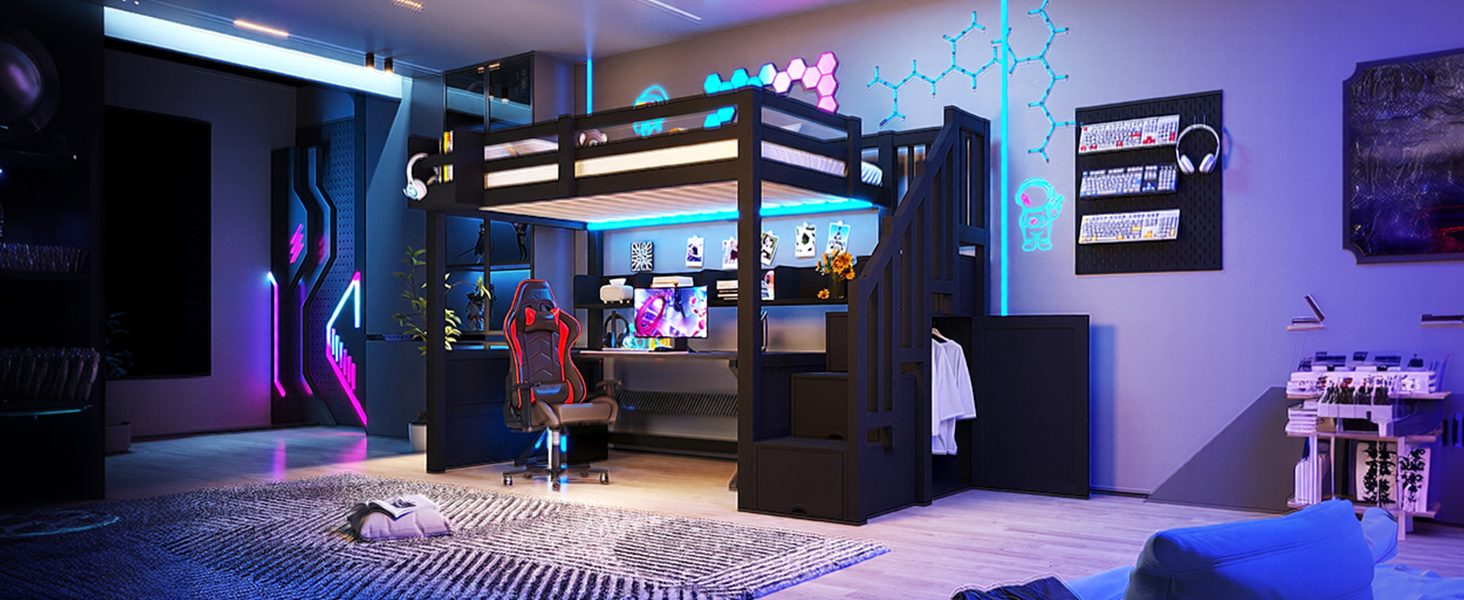 Éclairage LED sous le lit mezzanine noir