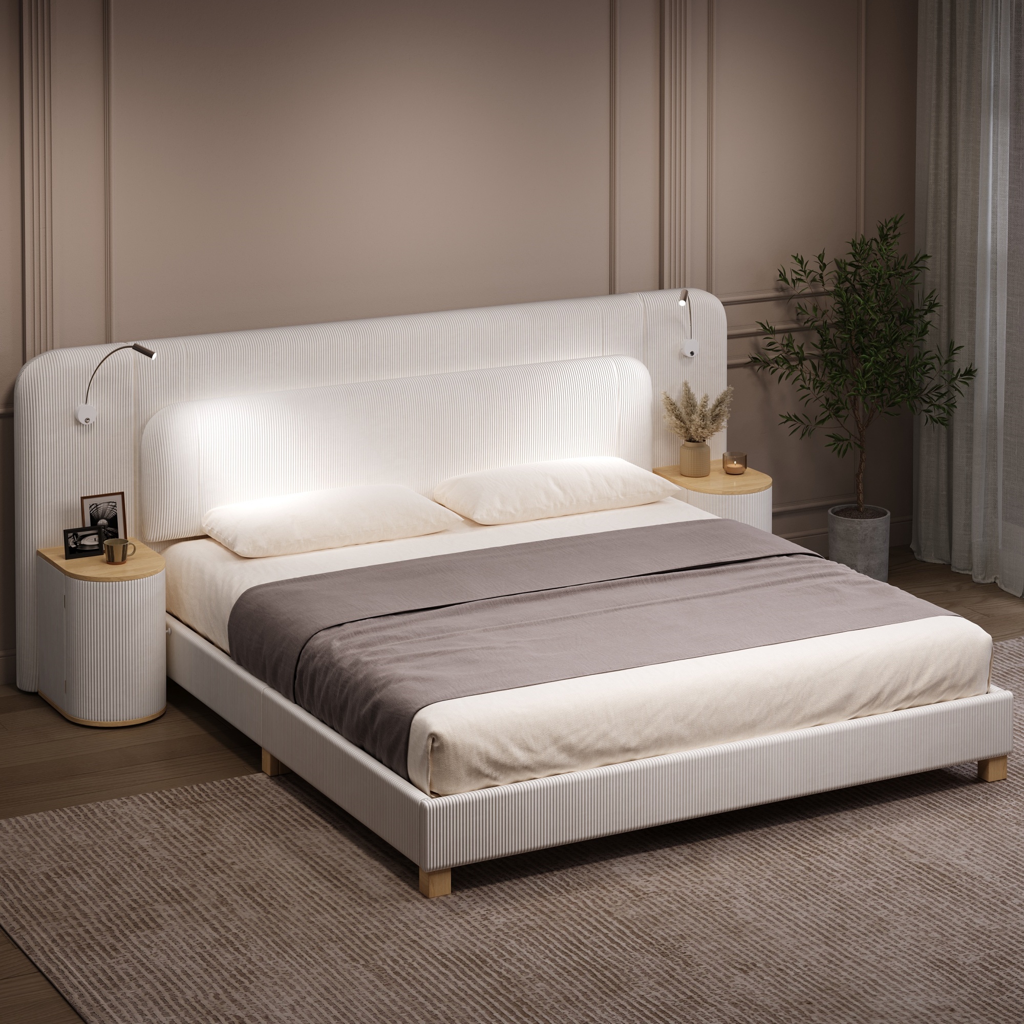 Lit double 180x200 cm en velours côtelé beige avec chevets intégrés et LED