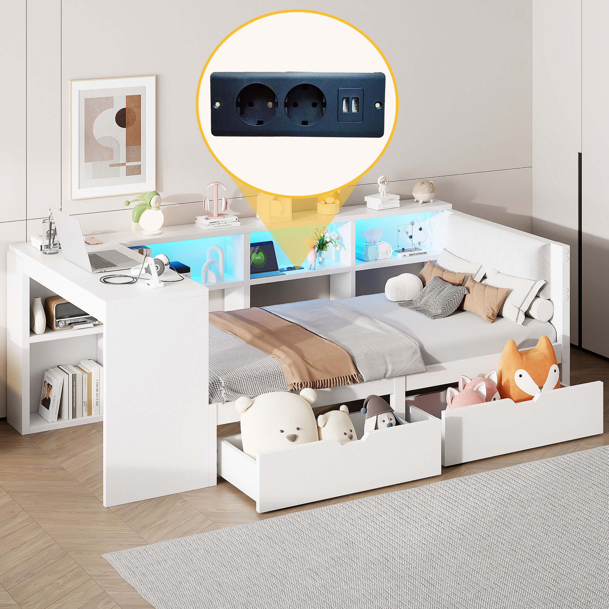 90x200 Holz-Plattformbett mit Ablageflächen, Schub