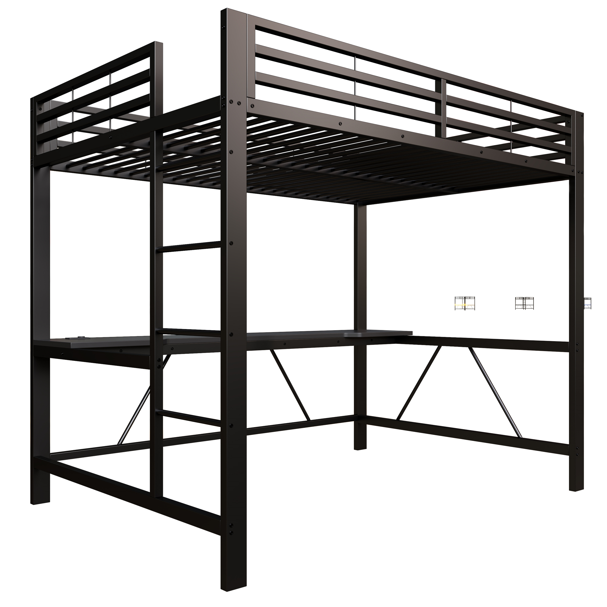 Lit mezzanine 140x200 cm,en métal,lit enfant,rangement intégré,bureau intégré,éclairage LED,port USB,noir,lit mezzanine avec bureau