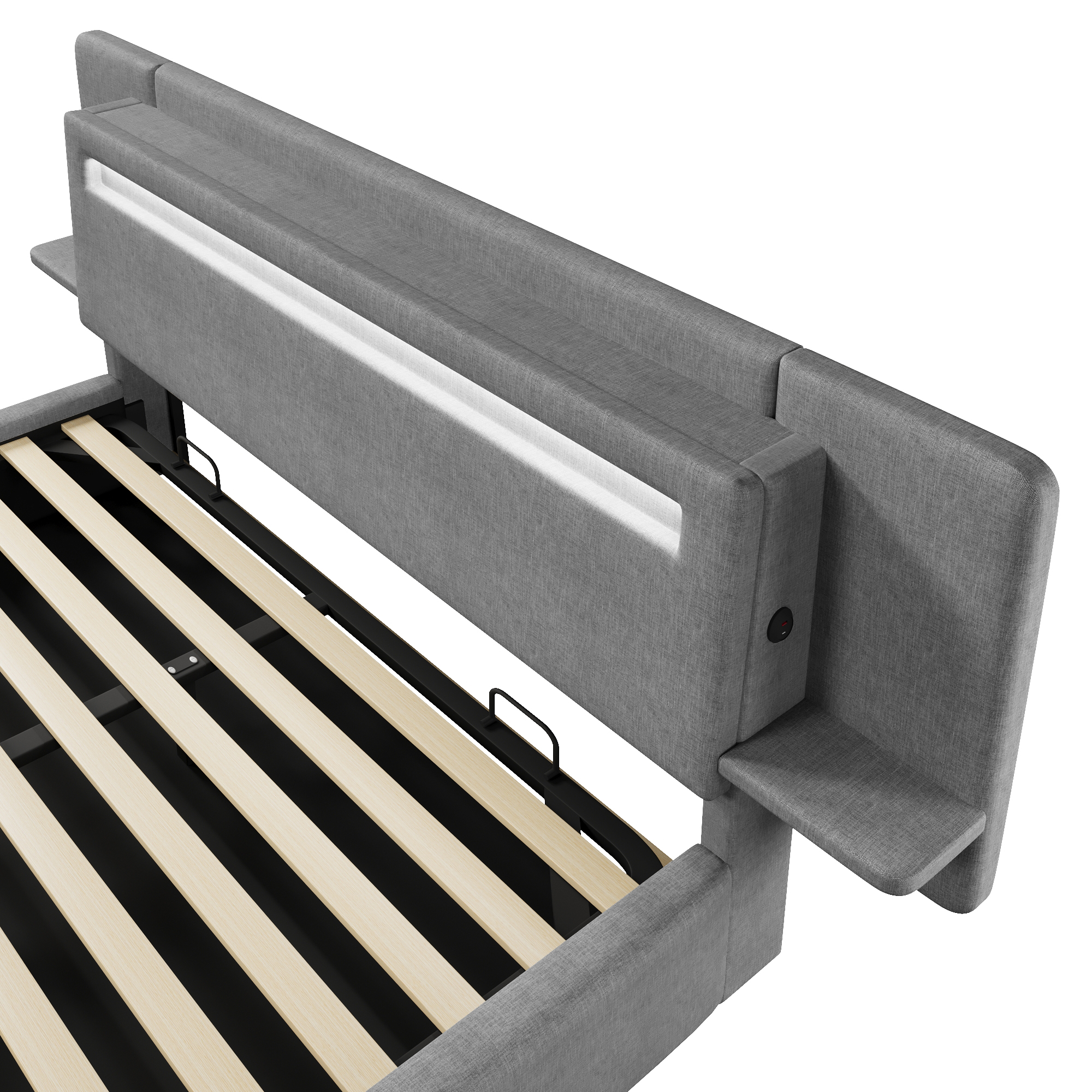 Lit banquette 180x200 cm,en lin,coffre de rangement hydraulique,éclairage LED,port USB,gris,lit 2 places,lit avec coffre de rangement