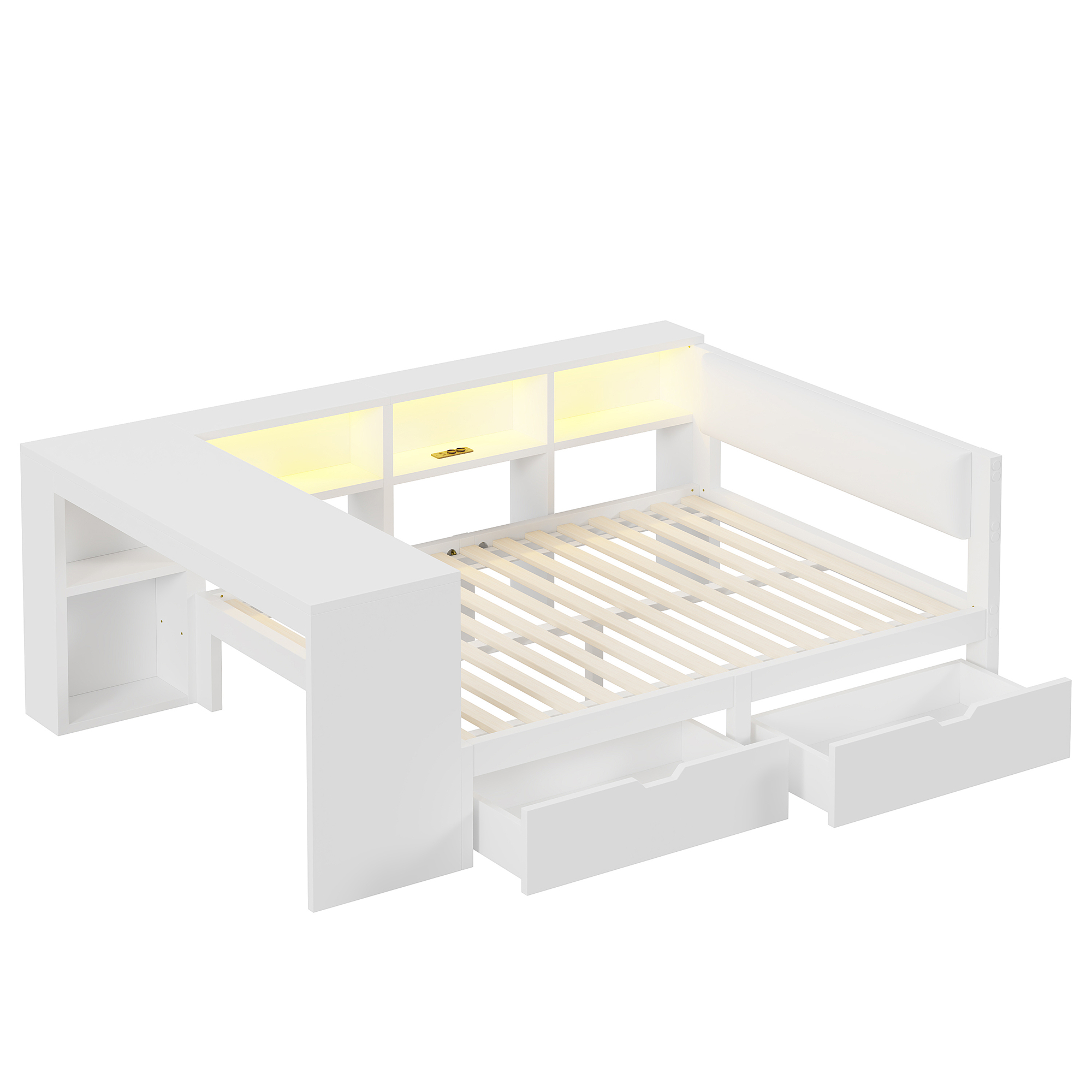 Lit / lit de chambre 140 x 200 cm avec éclairage LED, port USB / Type-C, prises intégrées, rangements intégrés, blanc - spécifications 1