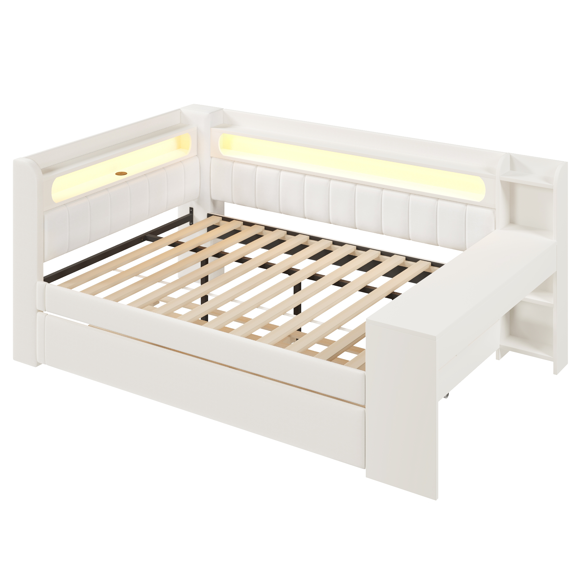 Lit banquette 140x200 cm,en bois,lit gigogne,rangement intégré,bureau intégré,éclairage LED,port USB,blanc,lit 2 places