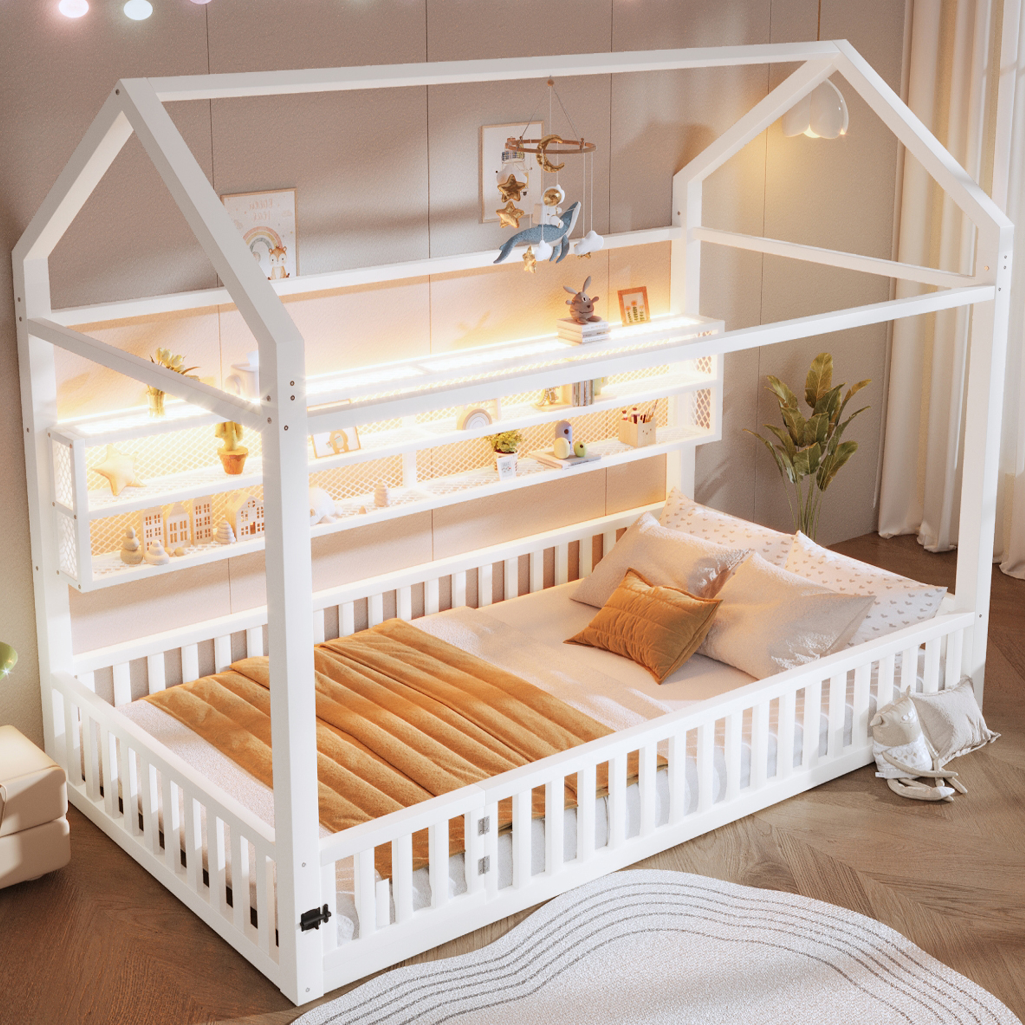 Lit plateforme 90 x 200 cm, design cabane, éclairage LED sous le couchage, garde-corps, métal, blanc, 204 x 95 x 170 cm 🏠 - vue principale 1