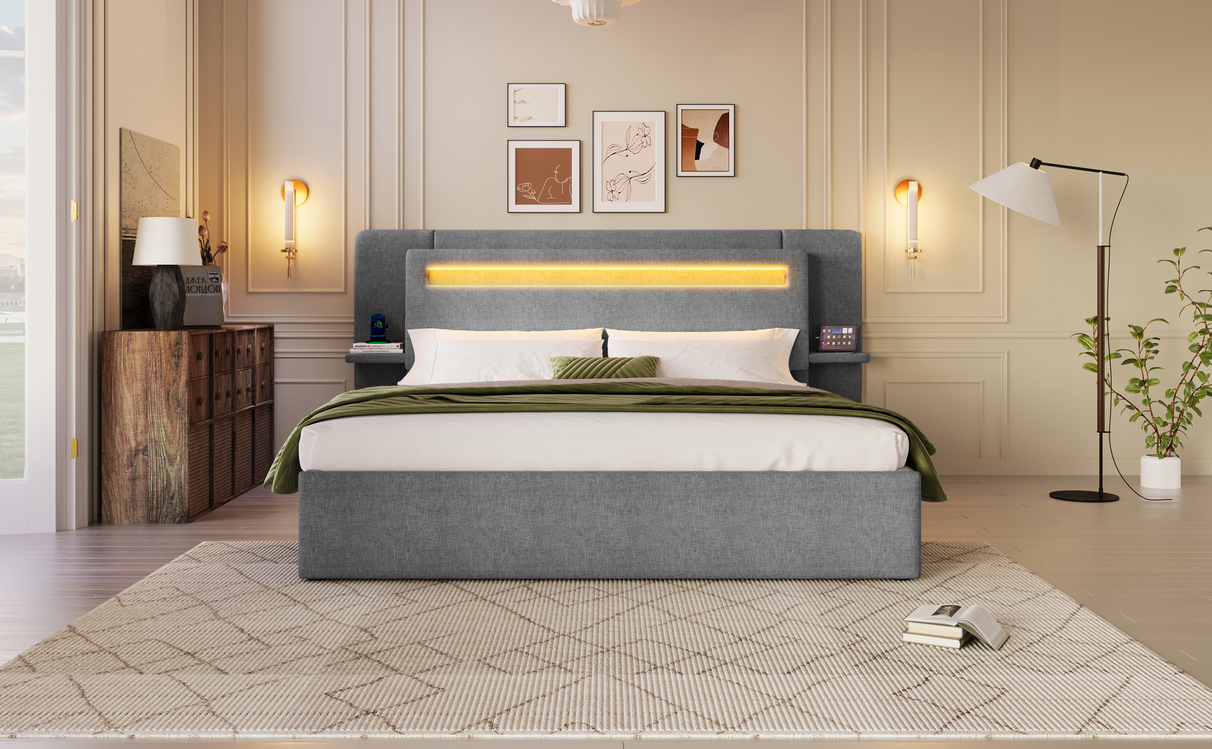 Lit coffre 140x200 cm gris avec rangement hydraulique LED et USB