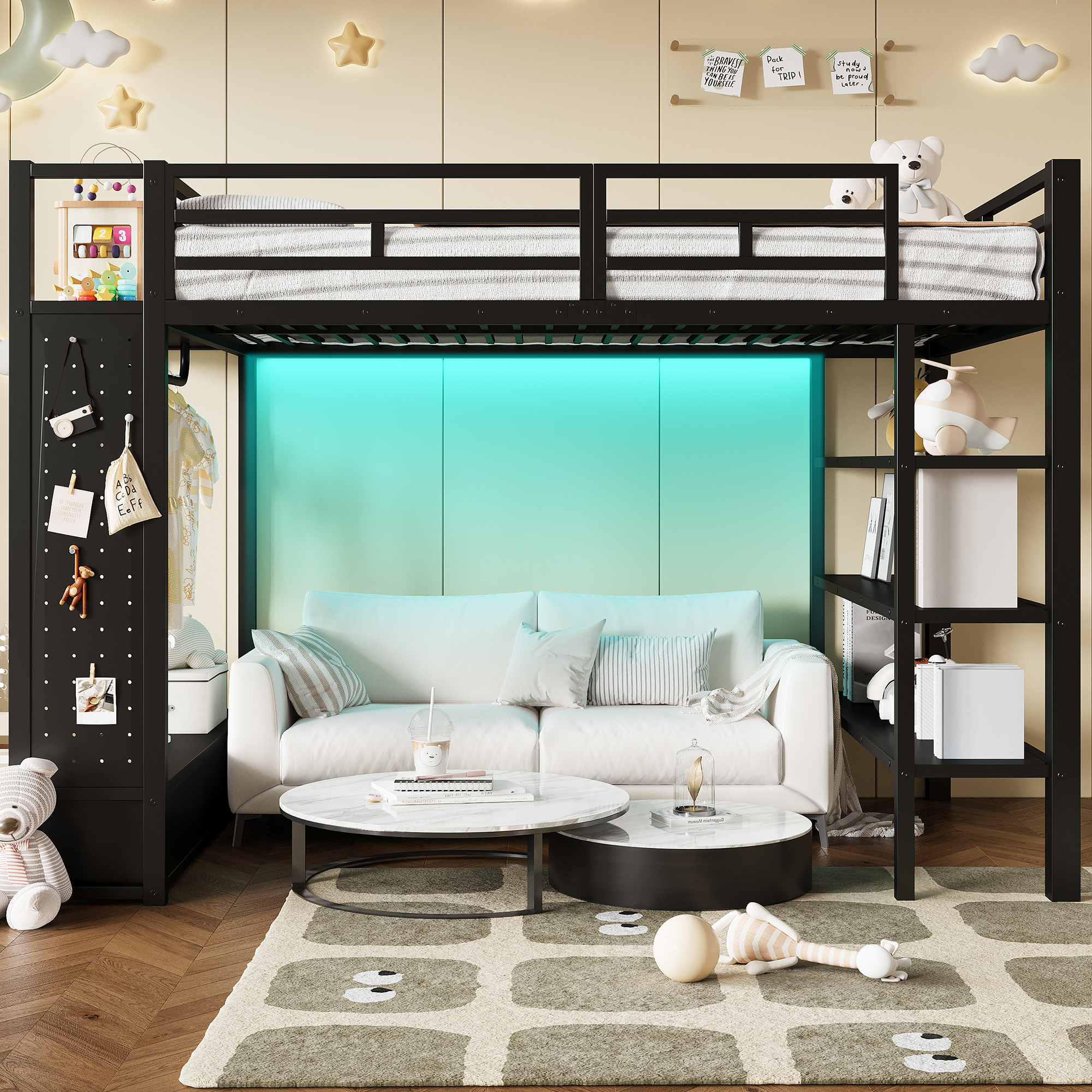 Lit mezzanine 140x200 noir métal garde-robe panneau perforé LED