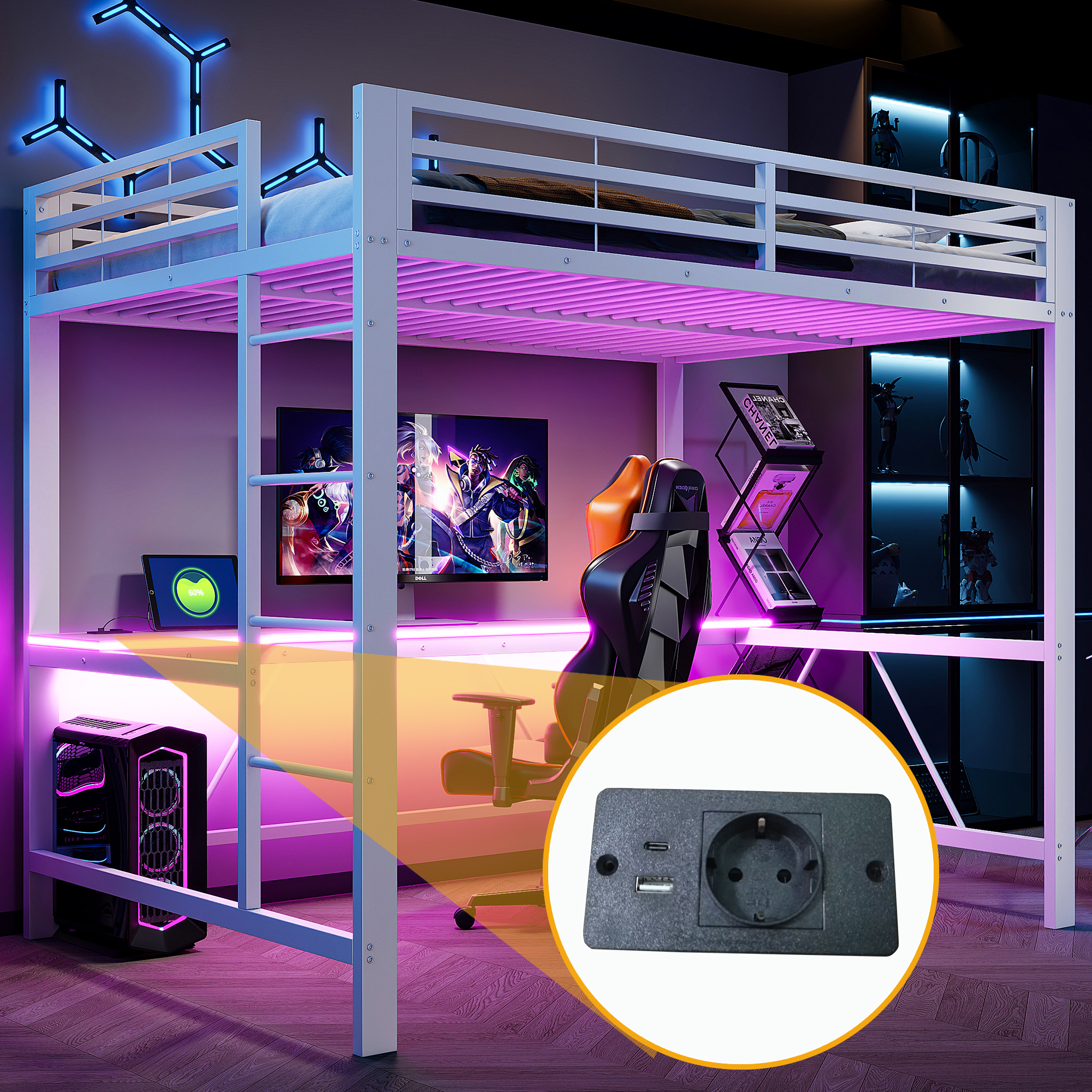 Lit mezzanine 140 x 200 cm, bureau intégré, éclairage LED sous le couchage, port USB, garde-corps, métal, blanc, 204 x 145 x 180 cm - spécifications 1