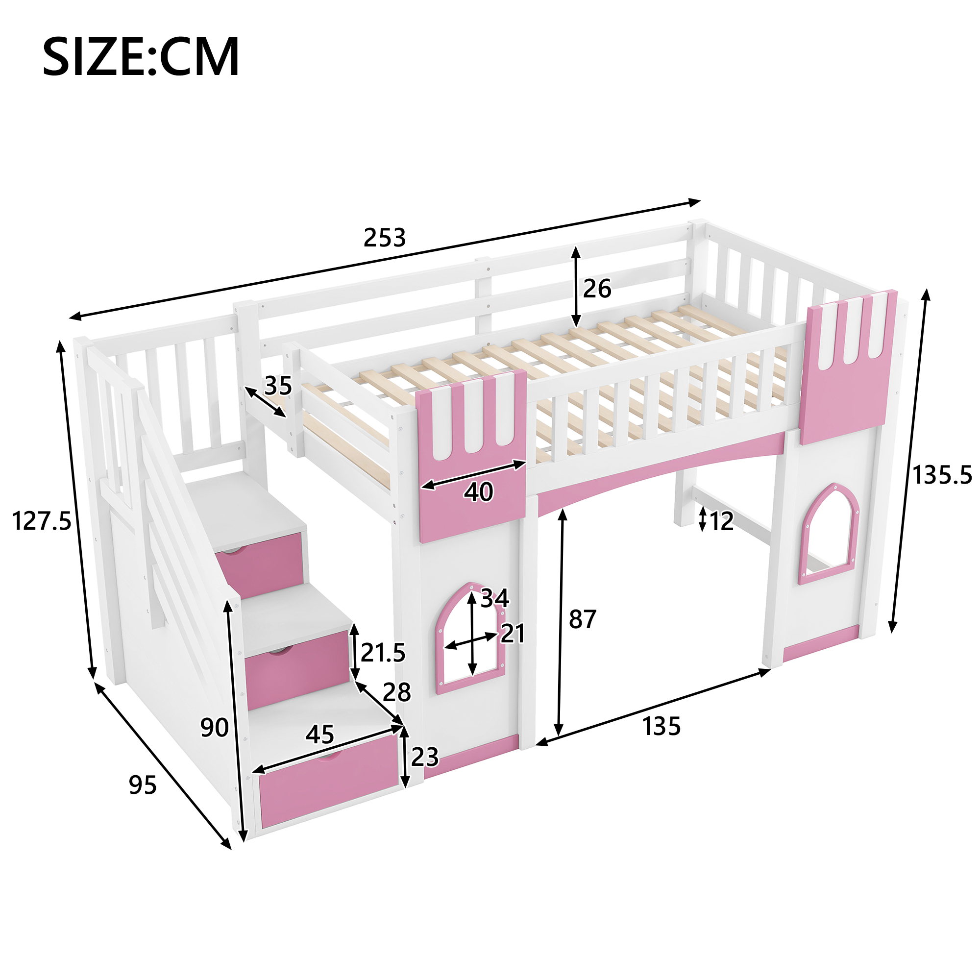 Lit mezzanine 90 x 200 cm, escalier de rangement, toboggan, design cabane, garde-corps, bois de pin, blanc et rose, 253 x 95 x 127,5 cm 🏠 - vue complémentaire 1