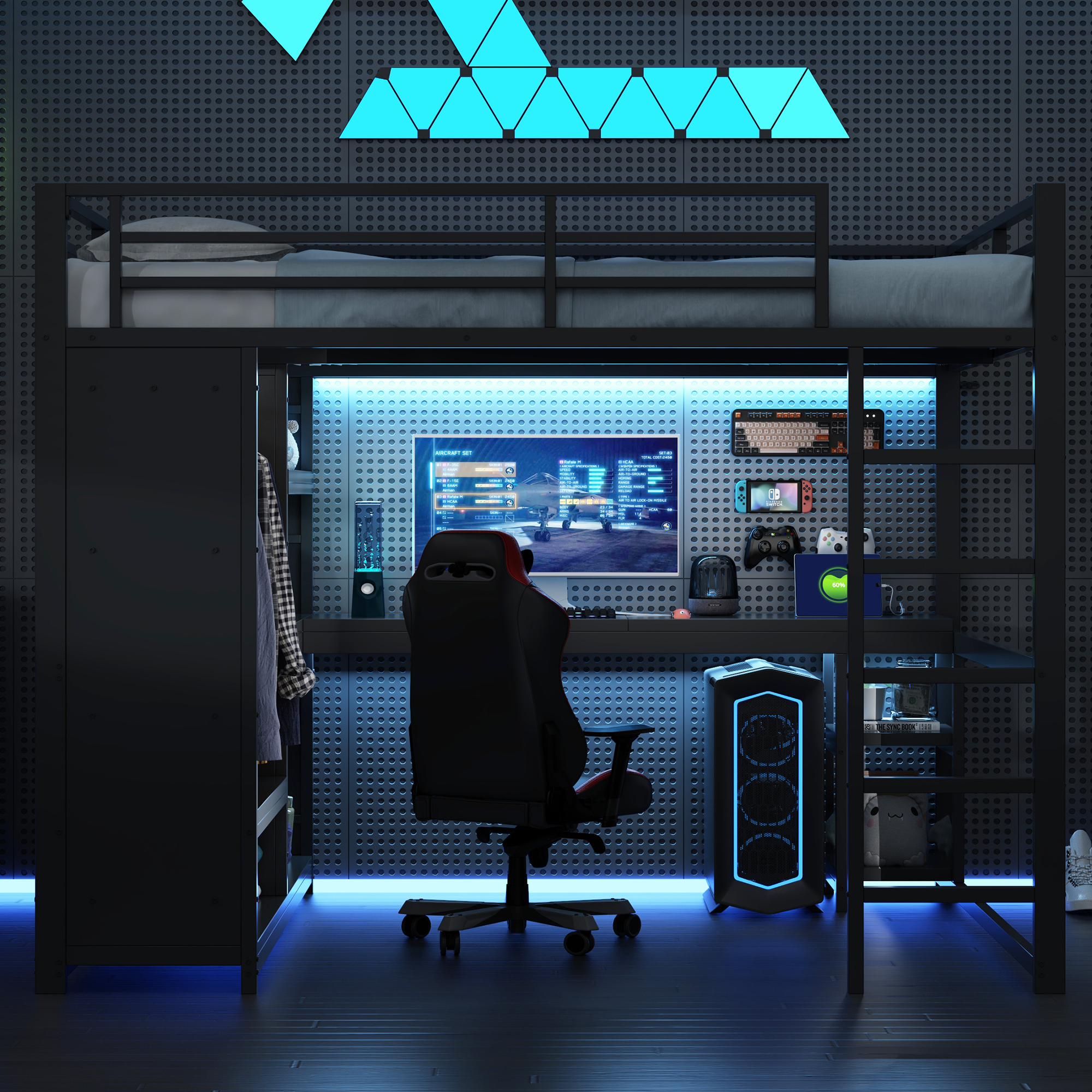 Lit mezzanine 160 x 200 cm, bureau intégré, échelle, penderie intégrée, éclairage LED au niveau du bureau, métal, noir, 204 x 165 x 180 cm - vue principale 1