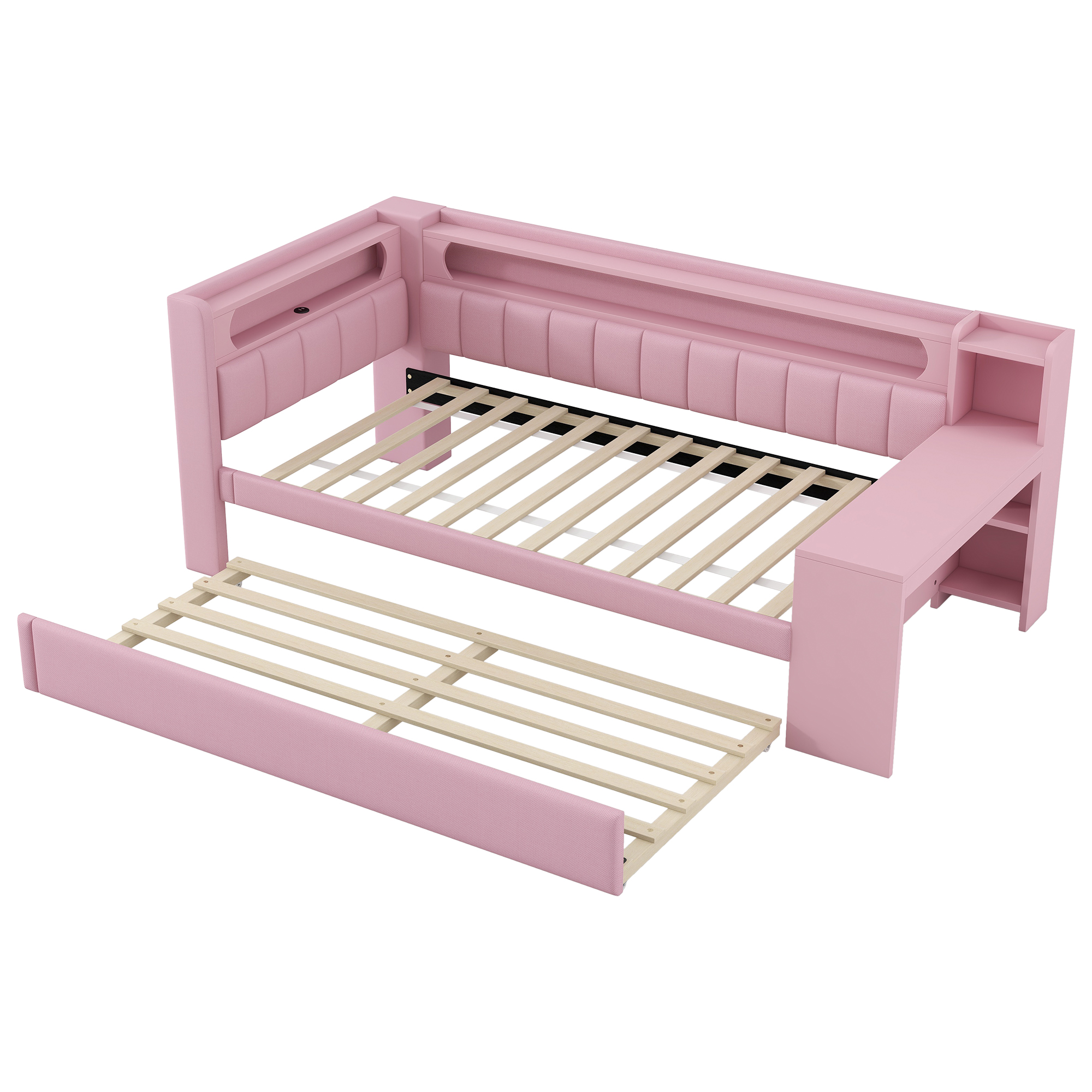 Lit banquette 90x200 cm,en bois,lit gigogne,rangement intégré,bureau intégré,éclairage LED,port USB,rose,lit 1 place