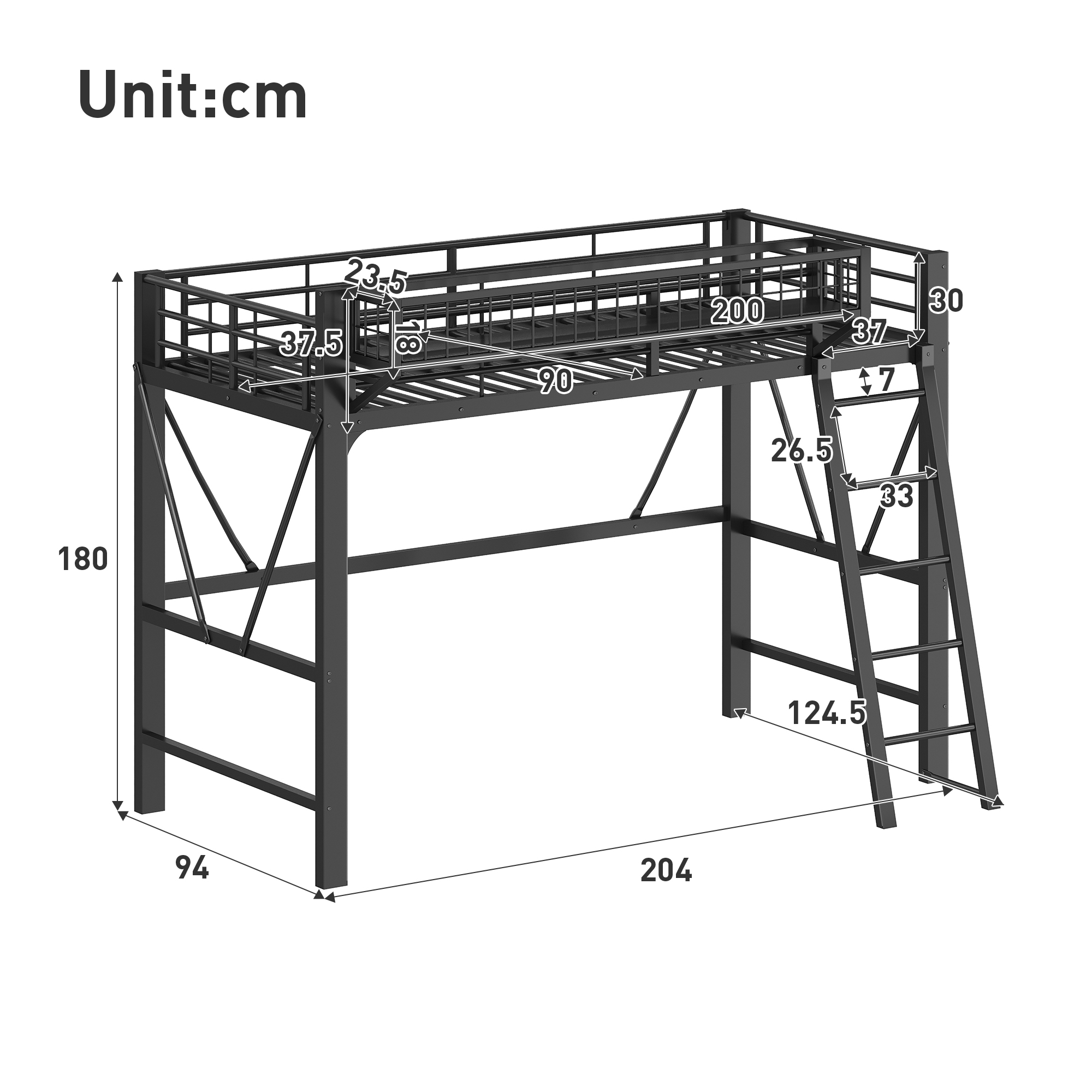 Lit mezzanine 90 x 200 cm, bureau intégré, escalier, éclairage LED sous le couchage, garde-corps, métal, noir, 204 x 124,5 x 180 cm - vue complémentaire 1