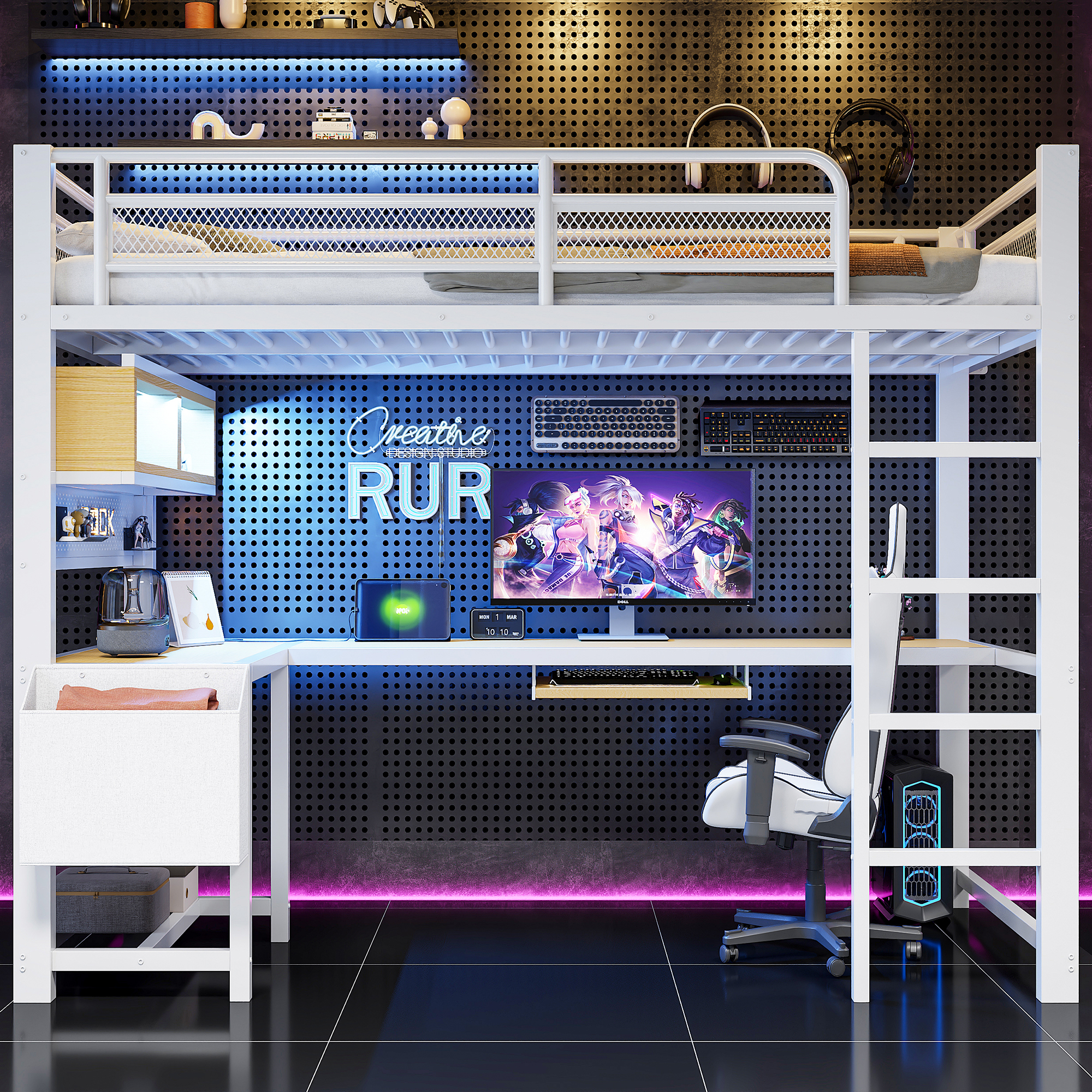 Lit mezzanine gaming blanc 90x200 LED bureau chargeur