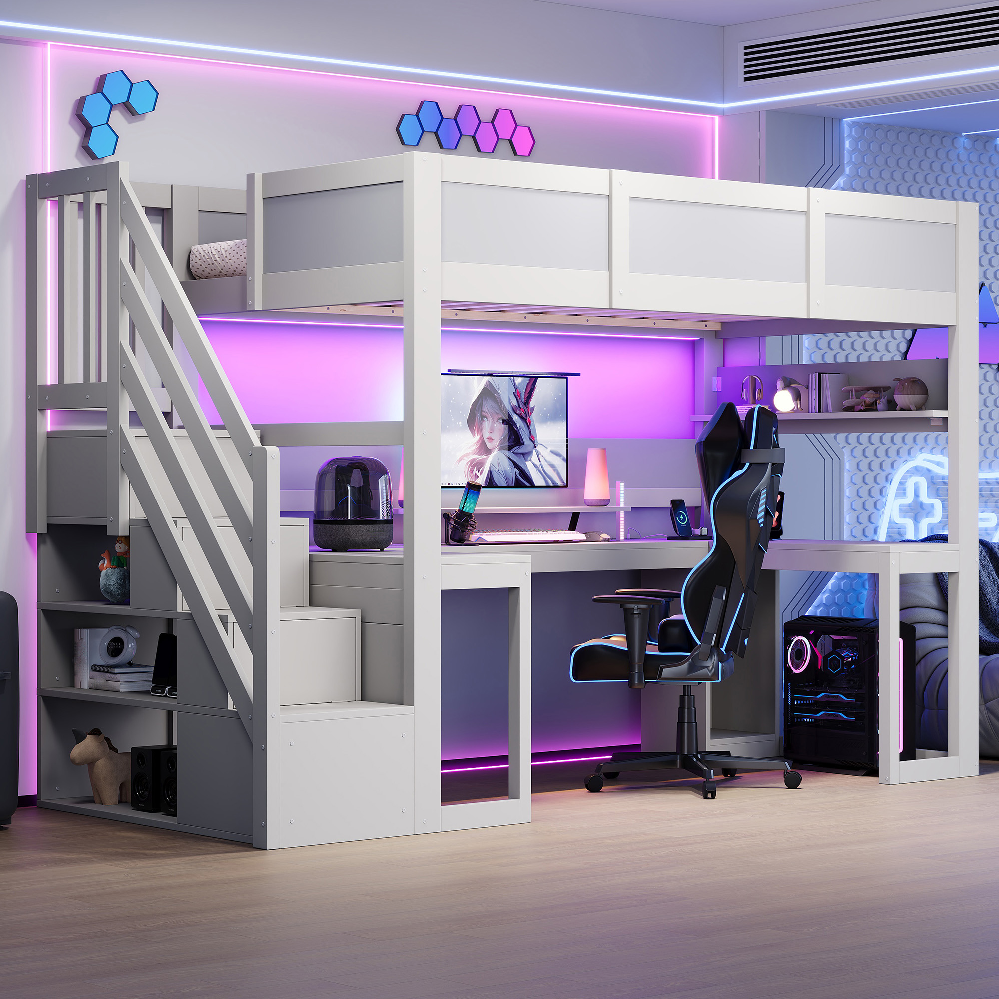Lit mezzanine gaming blanc 90x200 cm avec bureau et LED