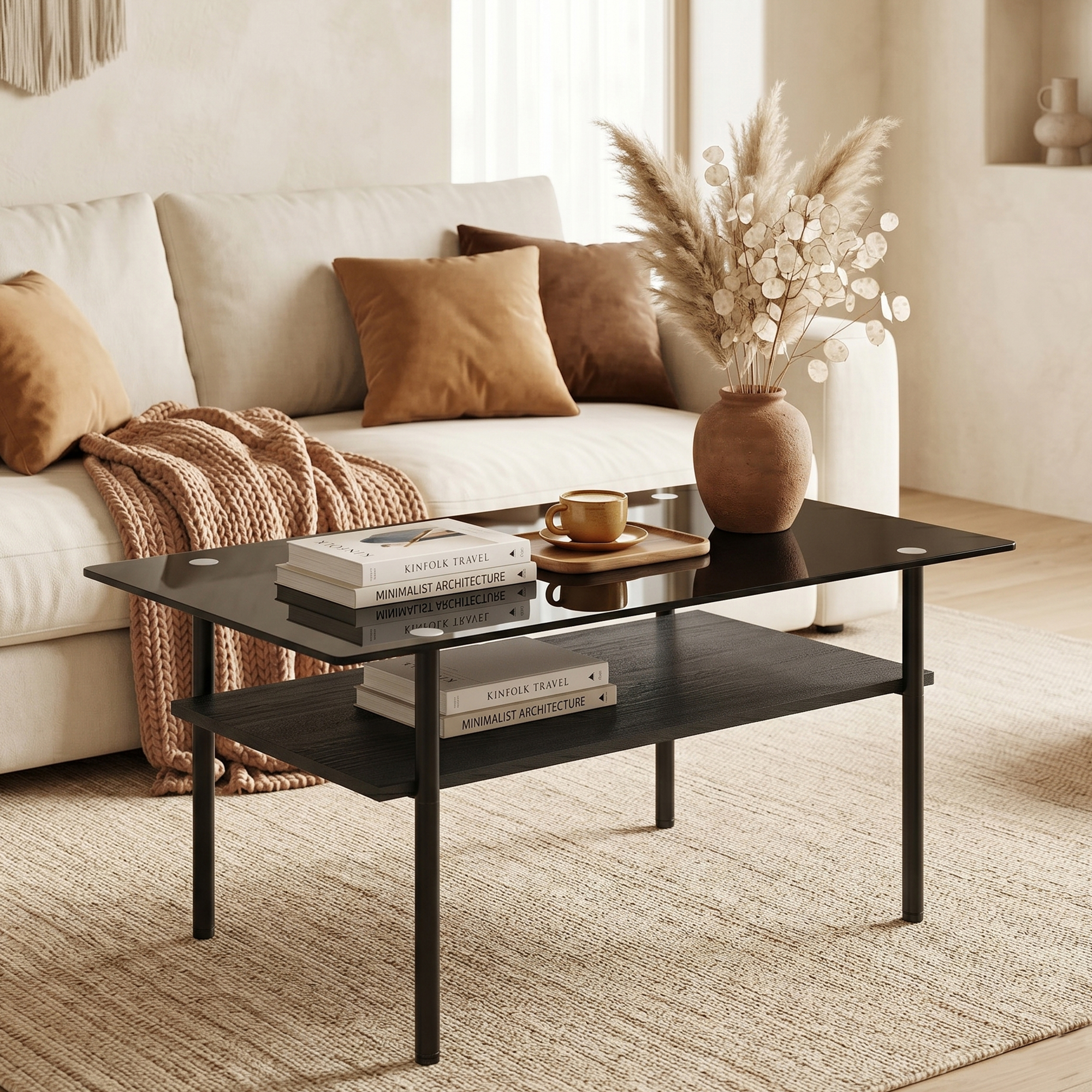 Table basse, rangement intégré, éléments en verre, 98 x 58 x 45 cm, métal et verre, noir - vue 4