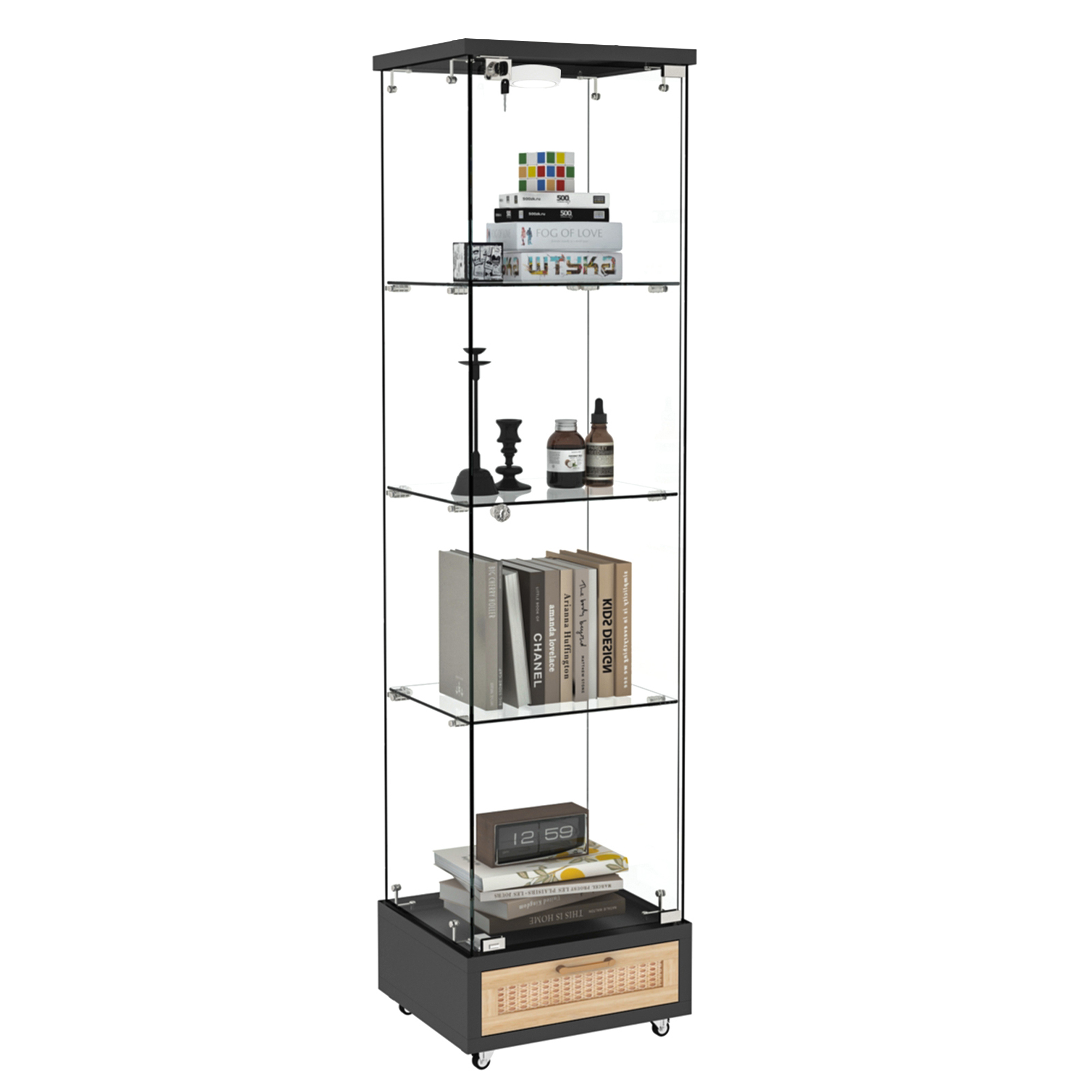Vitrine, avec tiroirs, éclairage led, éléments en verre, 42,5 x 36,5 x 167 cm, verre trempé et verre, noir - vue 2
